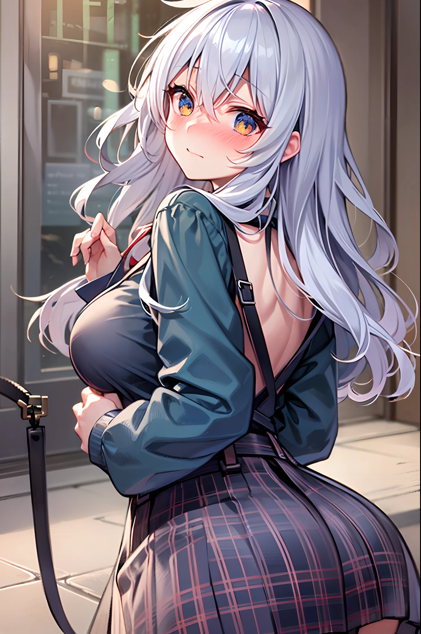 Best Quality, ultra-detailliert, Illustration, silber hair, Aimei,,embarrassed from,red blush,scratching your head,The long-haired,cute face,beutiful breast,Suspender Skirt,suspenders,Dark blue skirt,neck tie,long-sleeve,turned around,s ass,backs