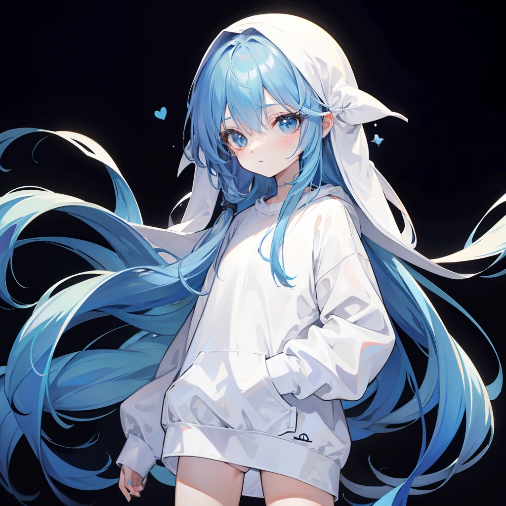 Long fleshy blue hair,Loose and simple white sweatshirt,It looks small and cute,It's a little girl