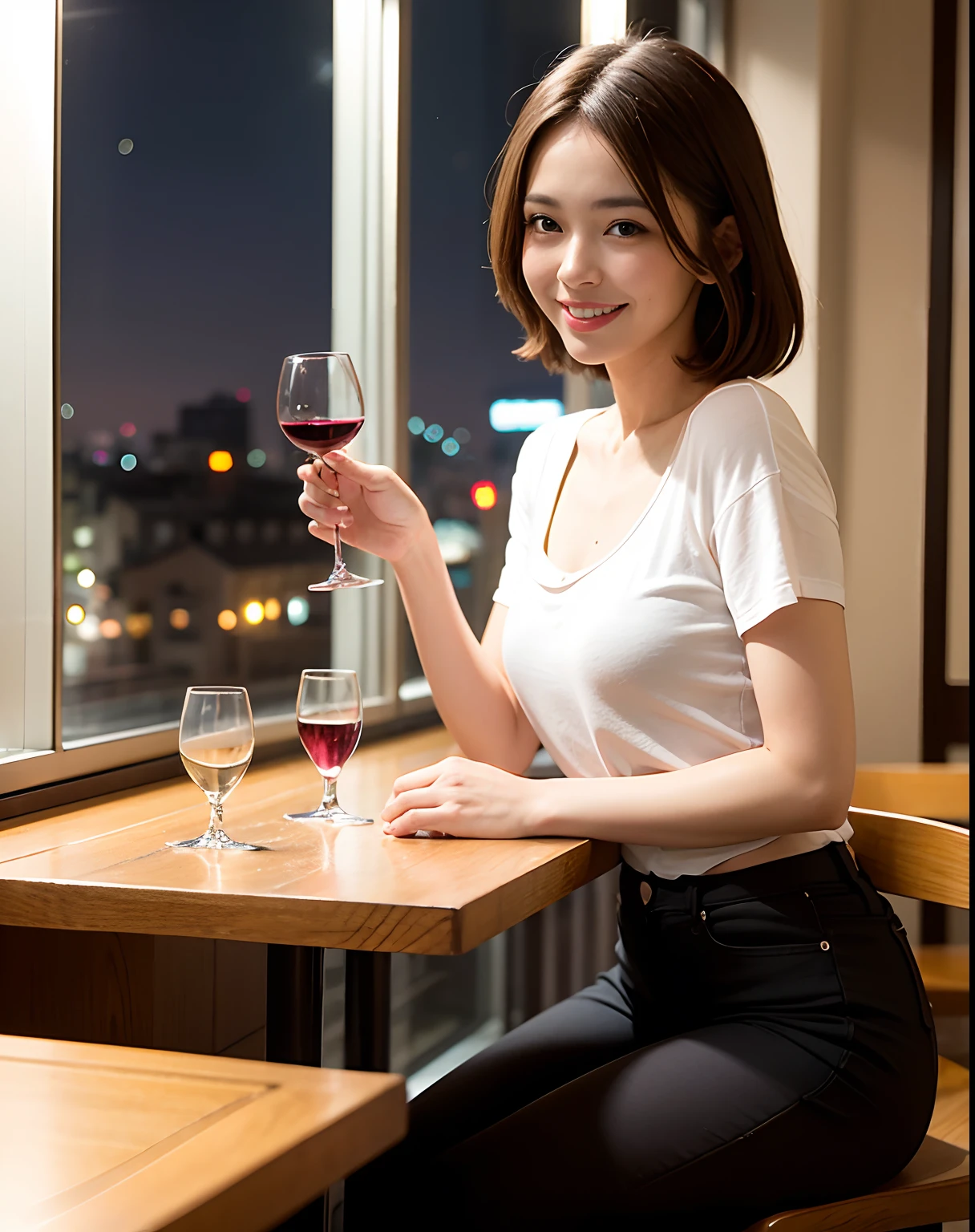 (64K, UHD, top quality, masterpiece: 1.2), (realistic, photorealistic: 1.37), super detailed, pretty woman 1 person, (slim face), (slim body), (brown hair), (short cut), cheeks slightly blushing, (44 years old), 38 years old, solo, beautiful detailed urban night view outside the window, restaurant, wine glasses sit, at night, in a prominent placeNovaFrogStyle, Actress, Model, Waist Up, White Wine, Slim, Wine Glass, Super Clean Night View, Wine Glass Put in the Middle, Happy Smile, (Smile: 1.15), Beautiful Fine Eyes, Upper Body, Bust Japan Up, Night, Short, Short, Actress, Model, Waist Up, White Wine, Slim, Wine Glass, Super Clean Night View, Wine Glass Put in the Middle, Happy Smile,