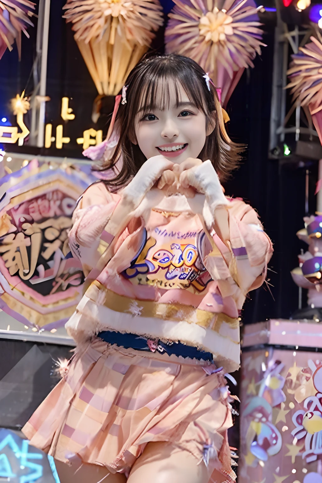 「NSFW」4k、high-detail、japanaese girl、Healthy skin、modeled、Beautiful leg mini skirt、kawaii faces、Popular Japan idols with a smile、Big eye false eyelashes、(((Dancing and singing on stage)))、Lit up、Glittering costumes、jumpping、Korean adult idols、I like challah