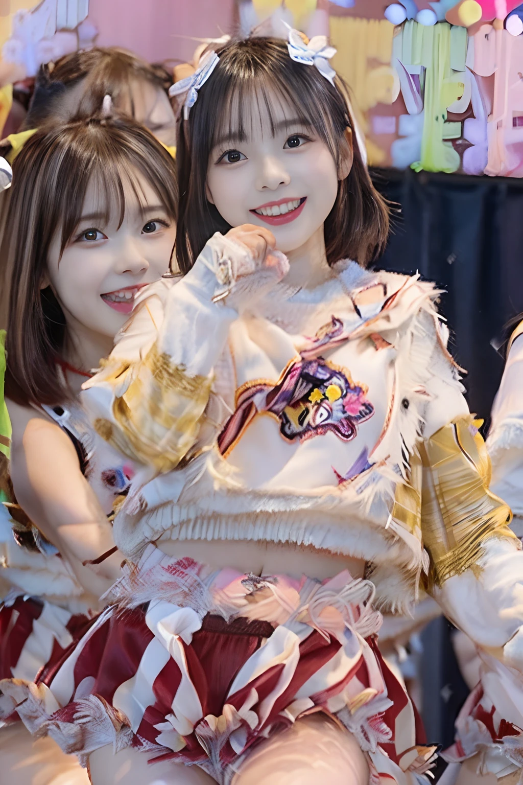 「NSFW」4ｋ、high-detail、japanaese girl、Healthy skin、modeled、Beautiful leg mini skirt、kawaii faces、Popular Japan idols with a smile、Big eye false eyelashes、(((Dancing and singing on stage)))、Lit up、Glittering costumes、jumpping、Korean adult idols、I like challah
