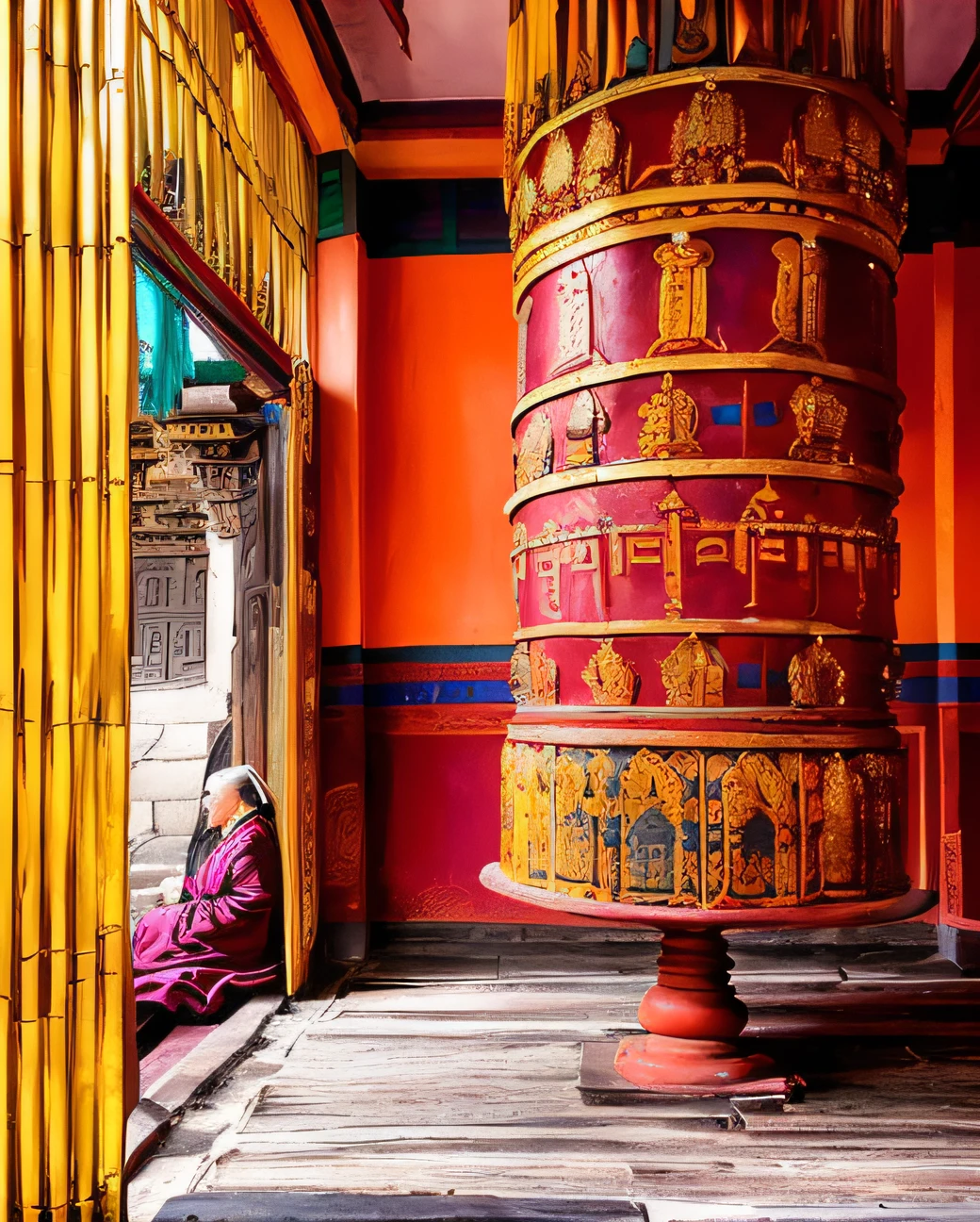 arafed woman sitting in a doorway of a buddhist temple, in a temple, tibetan inspired architecture, buddhist architecture, from inside a temple, outher worldly colours, omar shanti himalaya tibet, nepal, taoist temples and monks, thangka, inside her temple, buddhist monk, nepali architecture buildings, buddhist monk meditating, colorful picture, tibetan painting