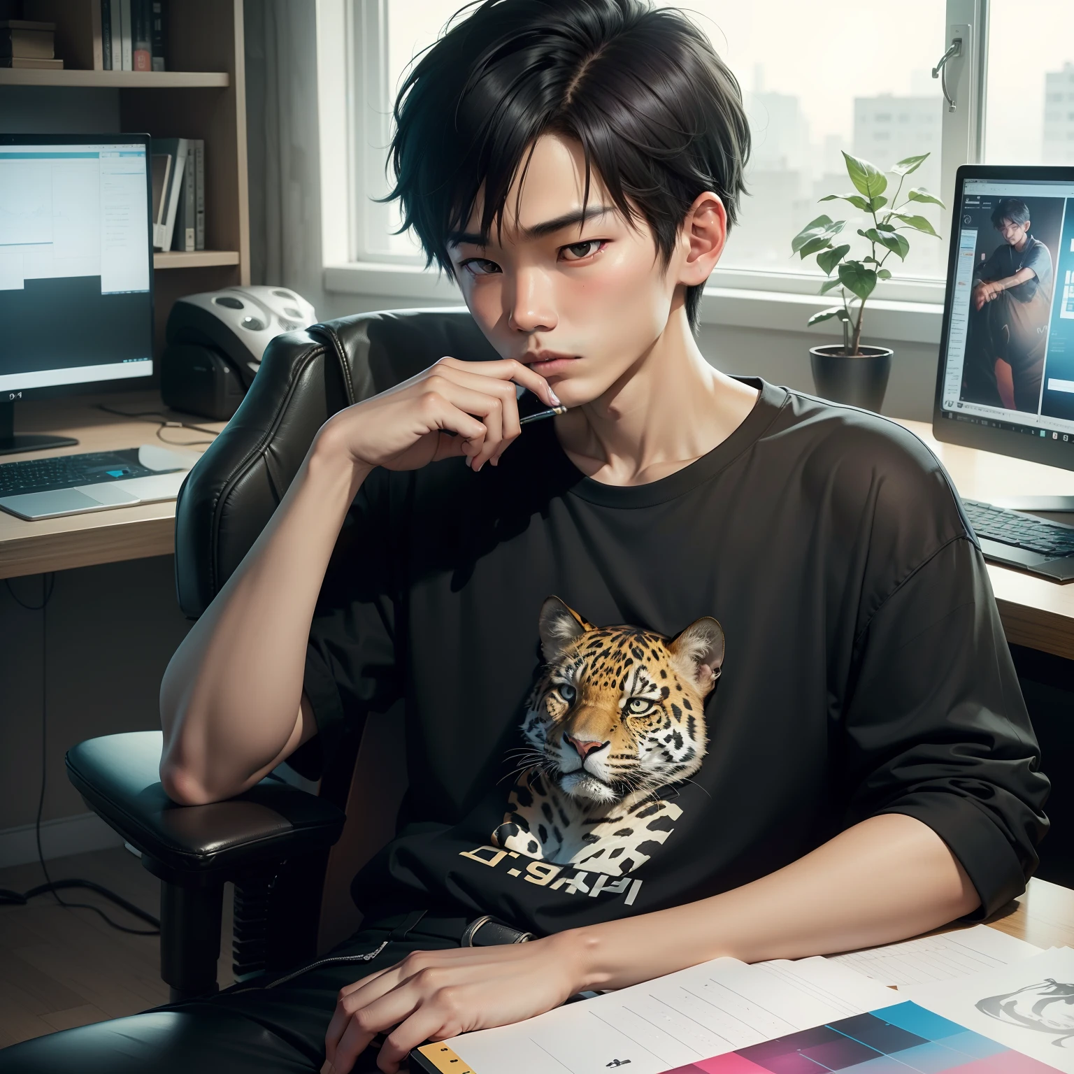 Asian teenager sitting in a gaming chair with several computers in the background, holding a pencil in one hand that covers his mouth in a thoughtful expression, and a drawing of a jaguar on the sleeve of his shirt.