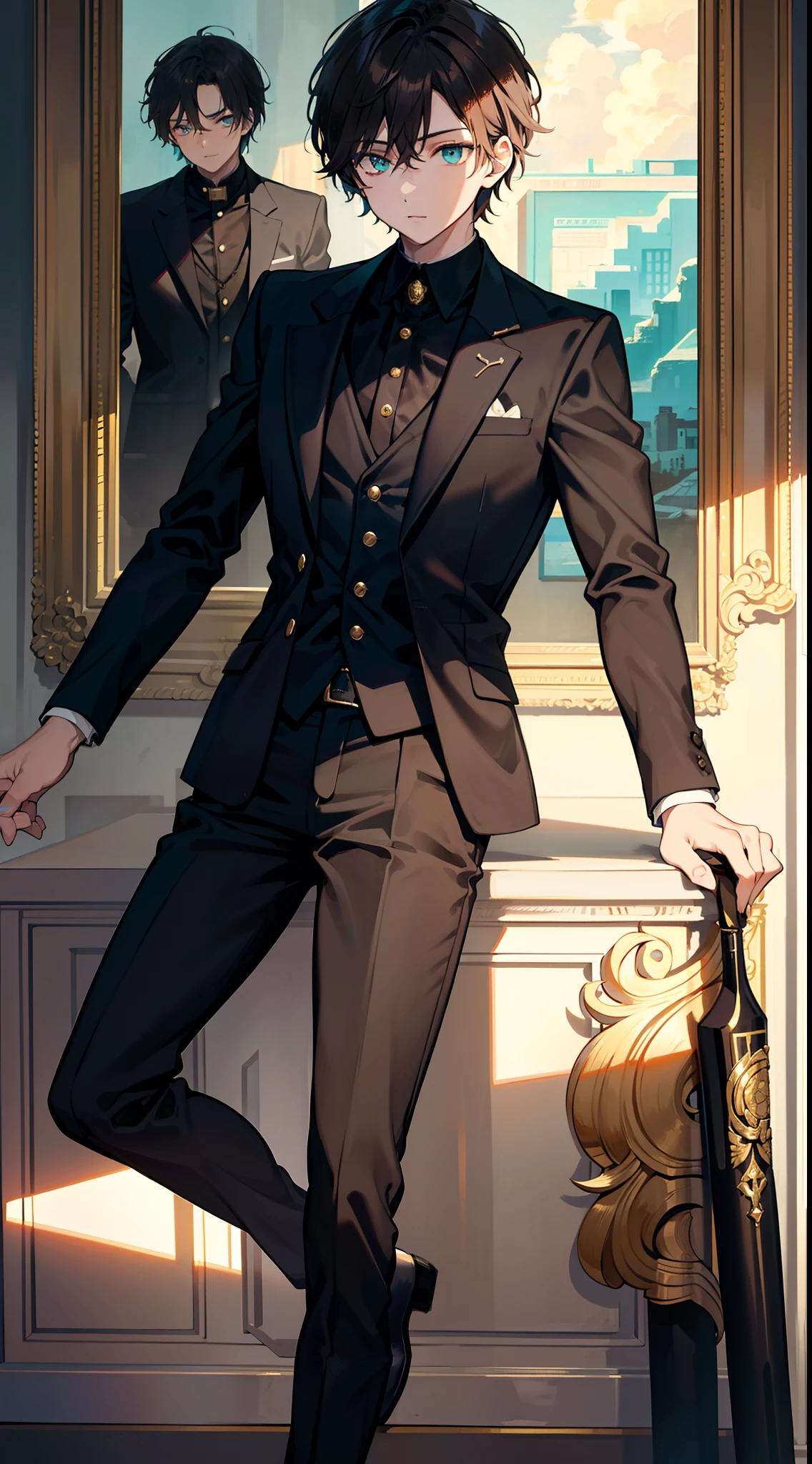 Young guy, short brown hair, Cyan eyes, Black suit with gold elements, Masterpiece, hiquality