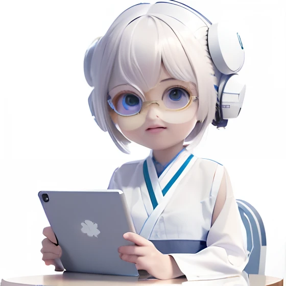 Close-up of a person sitting at a table holding a tablet, render of a cute 3d anime girl, anime styled 3d, 3d anime girl, perfect android girl, render of april, up of young anime girl, android heroine, trending on cgstation, Anime style. 8K, cyber school girl, Realistic anime 3 D style, High Quality Anime Art Style