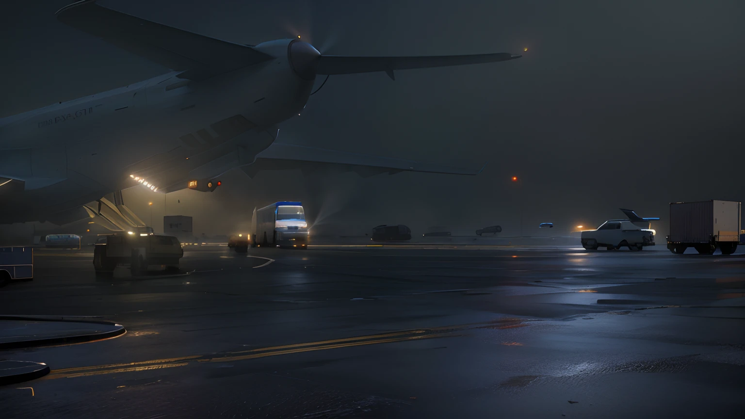 there is a large airplane that is on the runway at day, octane render. fog, daytime render, detailed cinematic shot, detailed cinematic render, volumetric lighting and fog, atmospheric render, volumetric fog and lighting, cinematic atmospheric lighting, cinematic level shot, in the art style of filip hodas, foggy volumetric lighting, 3 d octane render conceptart, boxex and cargo truck, morning sun in background, morning cinematic shot, airport background,detail render