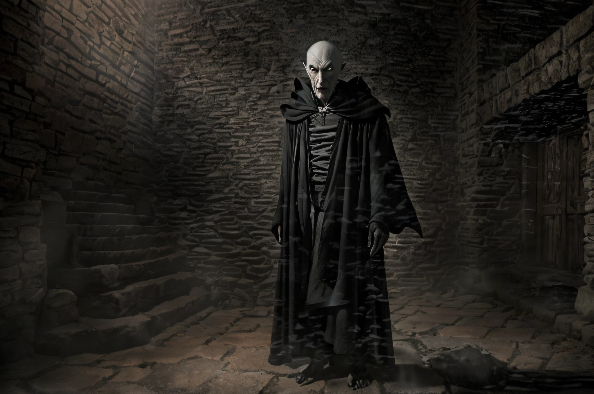 "Dark and haunting portrait of Nosferatu, the ancient vampire with sinister charm and terrifying presence, in a dramatic and atmospheric setting."