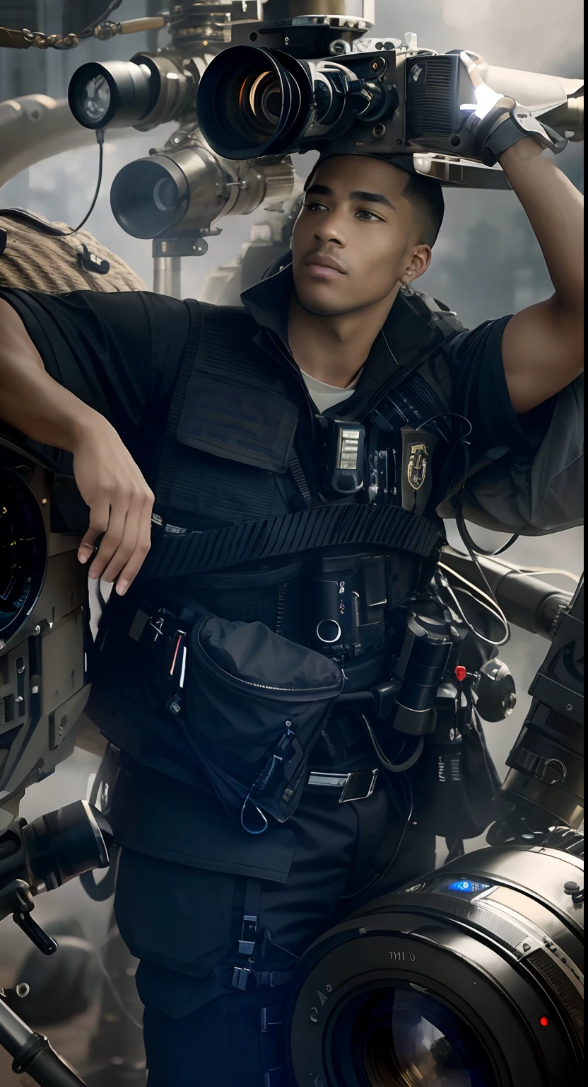 Top down: 1.2), sharp focus, volumetric fog, 8k UHD, arri alexa camcorder, high quality, (film grain: 1.4), there is a man standing in front of the camera, photo of a man tech suit, tech suit and armor wear, sci fi military armor, futuristic tech suit, space tech suit, cyberpunk tech suit, black dieselpunk male cop , future soldier boy portrait, futuristic tech outfit, movie costume photo, cyborg fashion photo, standard scale, full body, more arri alexa cameras, detailed face