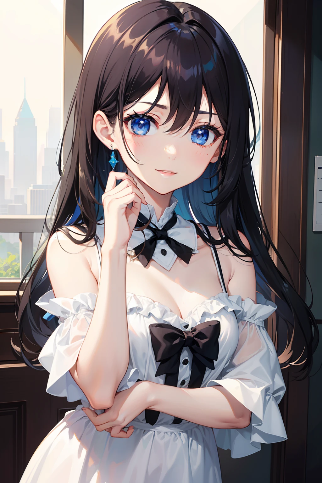 a beauty girl,Dark hair,Hair below shoulder length,Smooth straight hair,Determined eyes,Beautiful blue eyes,Childlike height,Manga style,fulcolor,hi-school girl,childlike smile