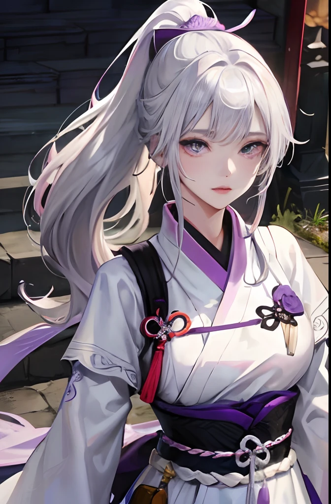 masterwork、best、natta、NOWAI、the setting sun、castle town、Townscape of the Edo period、1 female、Woman with long silvery-white hair、Raised ponytail、Purple bristles、Gray-purple eyes、Light pink lips、glamor、Nope、samurais、knifes、white clothes、Pattern on purple clothes、delicated facial features、evening、full bodyesbian、Sword