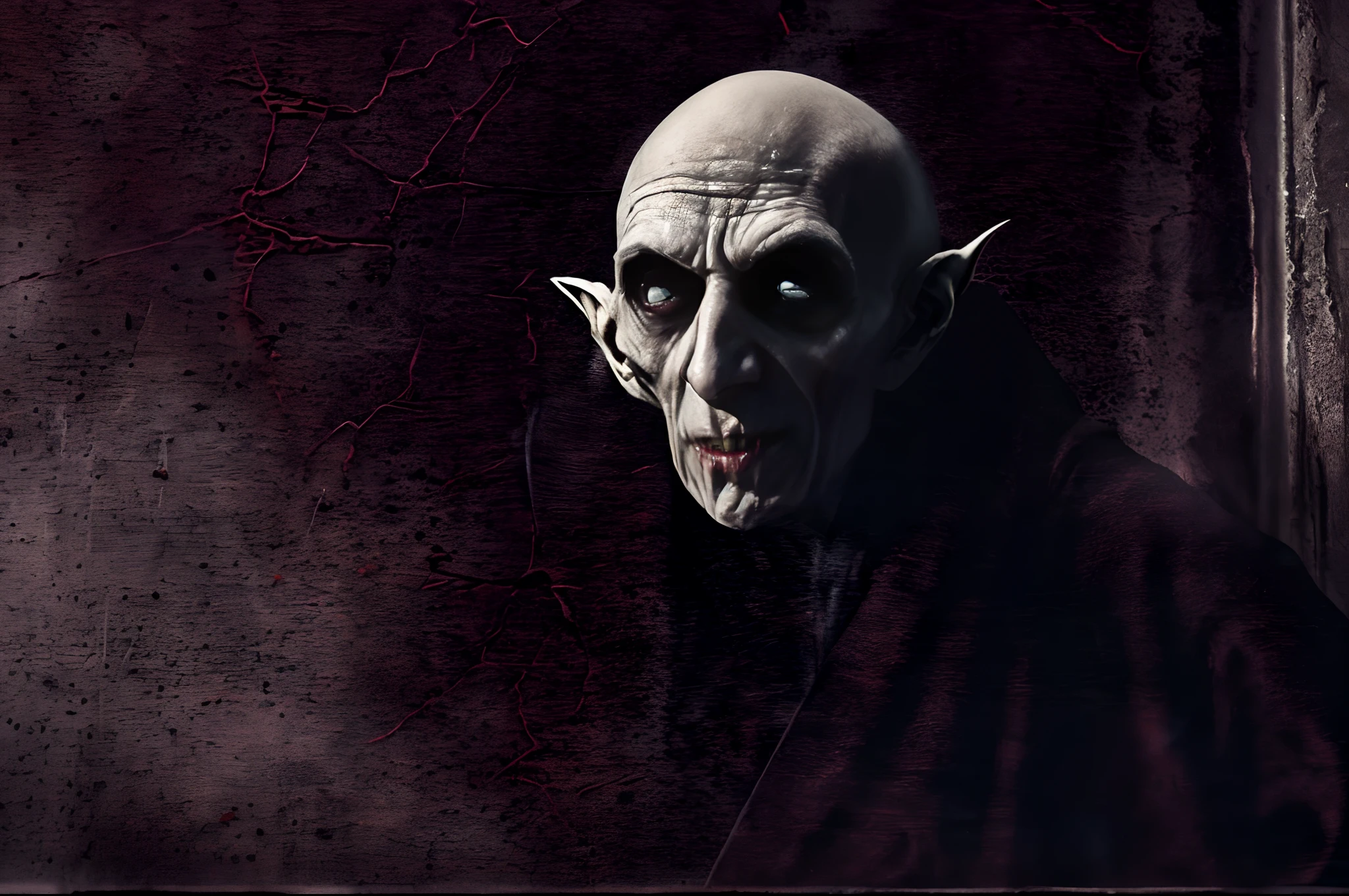 "Dark and haunting portrait of Nosferatu, the ancient vampire with sinister charm and terrifying presence, in a dramatic and atmospheric setting."