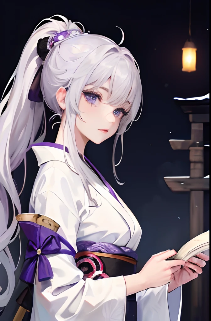 masterwork、best、natta、NOWAI、the setting sun、castle town、Townscape of the Edo period、1 female、Woman with long silvery-white hair、Raised ponytail、Purple bristles、Gray-purple eyes、Light pink lips、glamor、Nope、samurais、knifes、white  clothes、Pattern on purple clothes、delicated facial features、evening、full bodyesbian、Sword