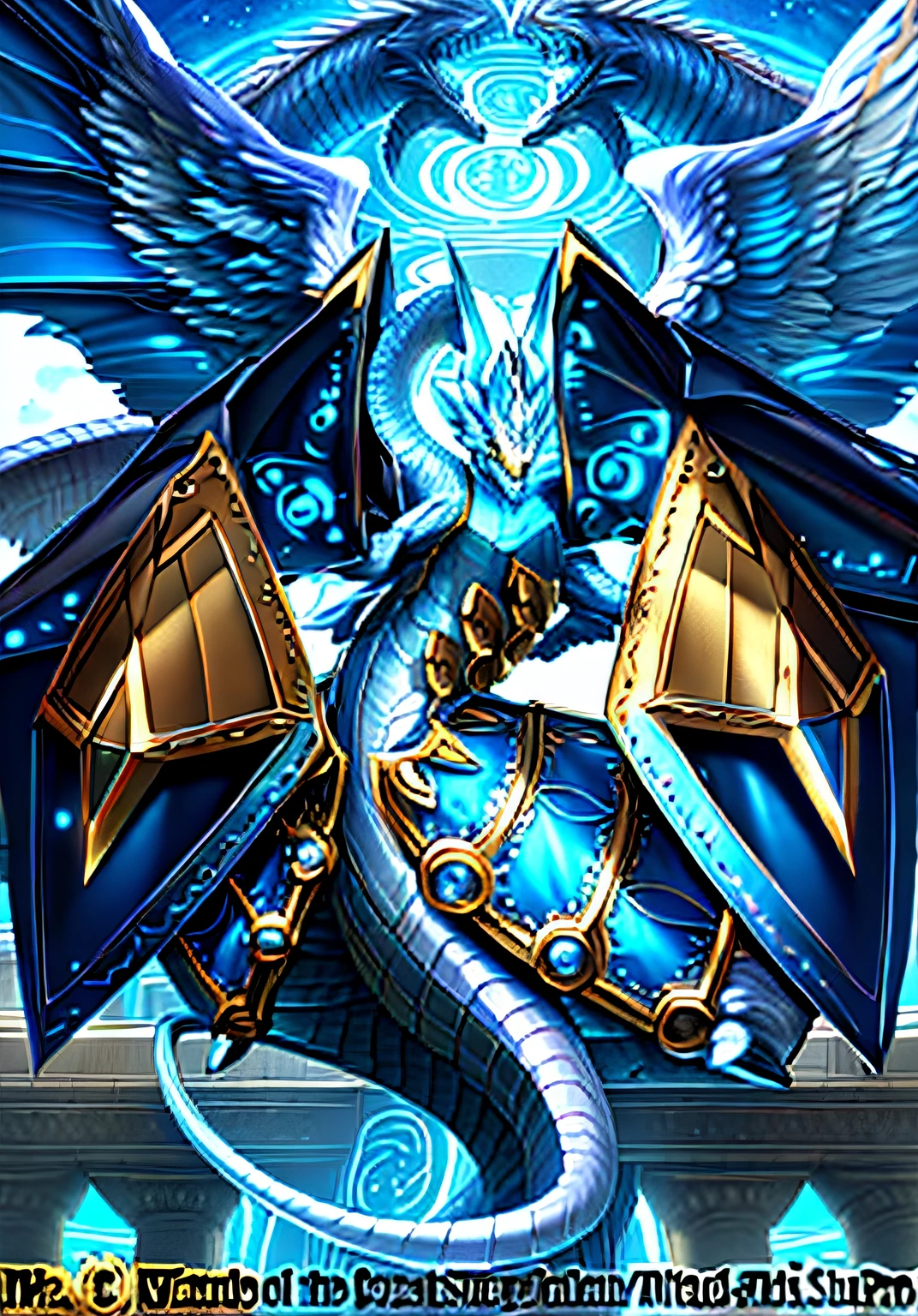 Anime poster of a winged creature with a sword and armor, Arte oficial de alto detalle, Mizutsune, blue eyes white dragon, Arte completo, mystical anubis valkyrie, Armadura dorada angelical, Ganador del concurso Pixiv, serafines, Golden Paladin, Victoria alada!!!, arte oficial, Aurelion Sol, colossal dragon as background, full art illustration