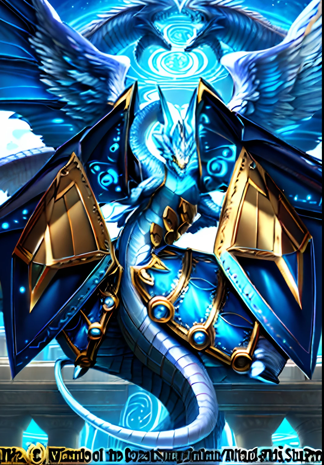 Anime poster of a winged creature with a sword and armor, Arte oficial de alto detalle, Mizutsune, blue eyes white dragon, Arte completo, mystical anubis valkyrie, Armadura dorada angelical, Ganador del concurso Pixiv, serafines, Golden Paladin, Victoria alada!!!, arte oficial, Aurelion Sol, colossal dragon as background, full art illustration
