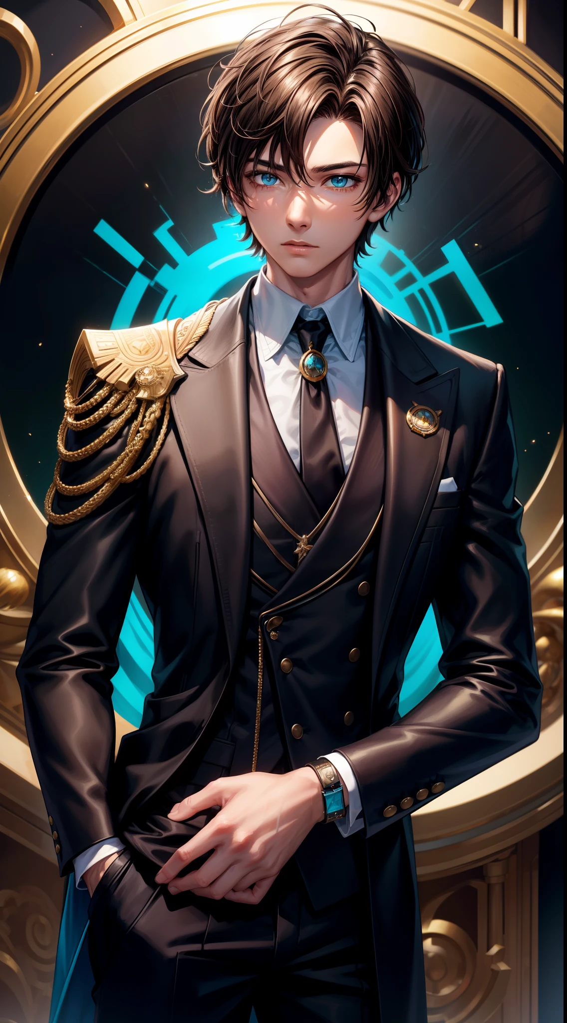 Young guy, short brown hair, Cyan eyes, Black suit with gold elements, Masterpiece, hiquality