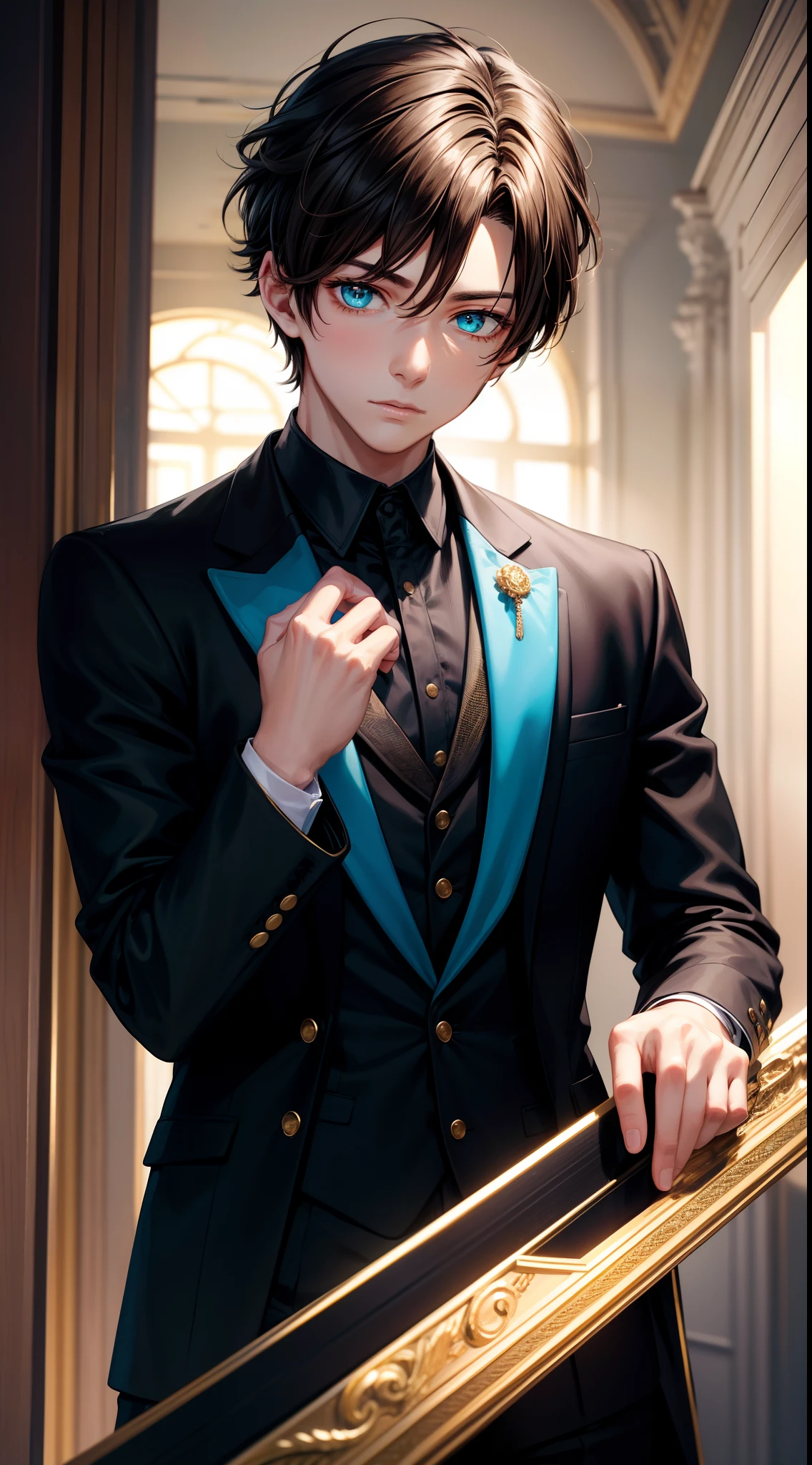 Young guy, short brown hair, Cyan eyes, Black suit with gold elements, Masterpiece, hiquality