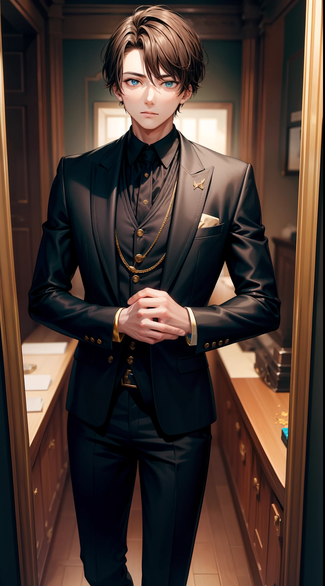 Young guy, short brown hair, Cyan eyes, Black suit with gold elements, Masterpiece, hiquality