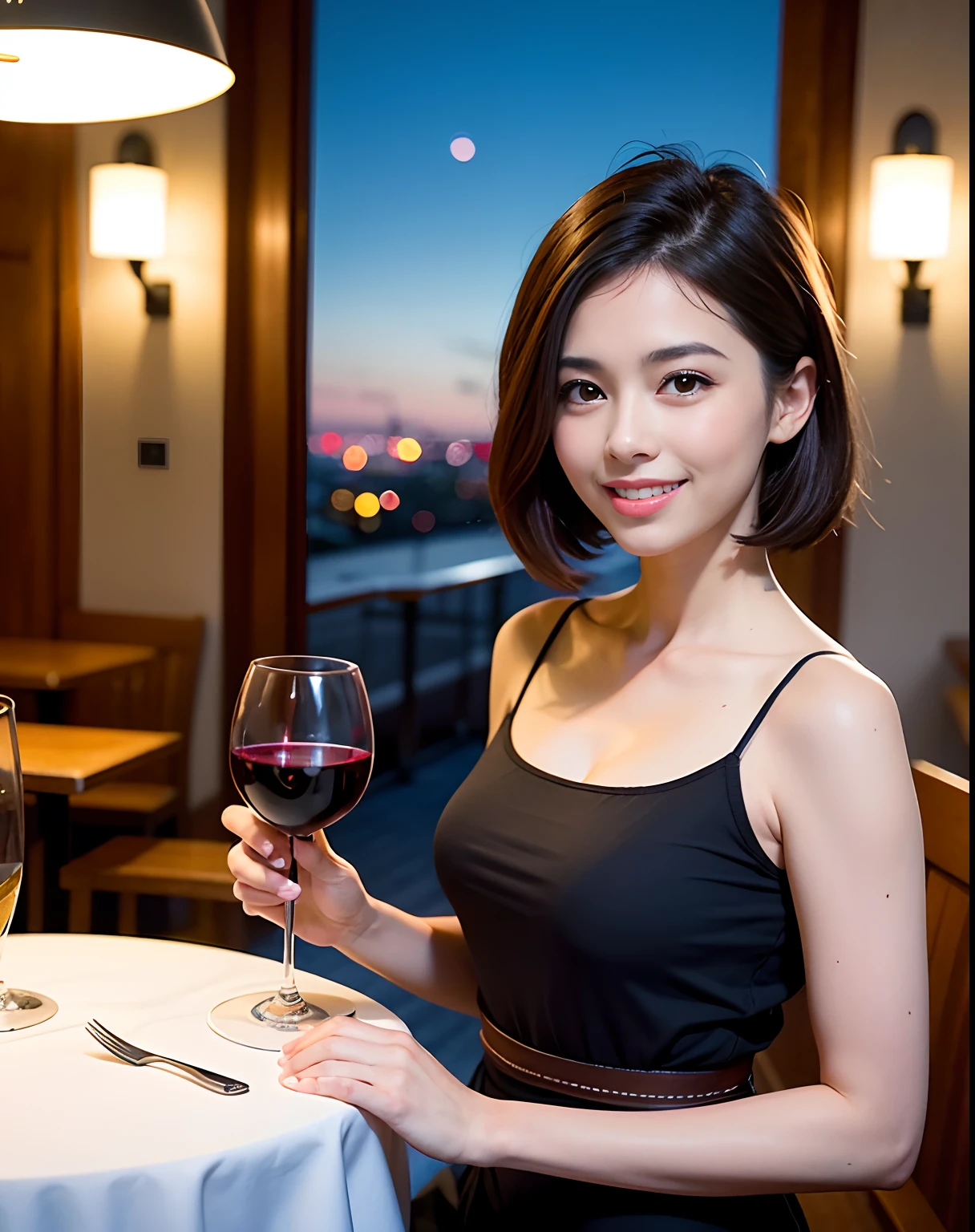 (64K, UHD, top quality, masterpiece: 1.2), (realistic, photorealistic: 1.37), super detailed, pretty woman 1 person, (slim face), (slim body), (brown hair), (short cut), cheeks slightly blushing, (44 years old), 38 years old, solo, beautiful detailed urban night view outside the window, restaurant, wine glasses sit, at night, in a prominent placeNovaFrogStyle, Actress, Model, Waist Up, White Wine, Slim, Wine Glass, Super Clean Night View, Wine Glass Put in the Middle, Happy Smile, (Smile: 1.15), Beautiful Fine Eyes, Upper Body, Bust Japan Up, Night, Short, Short, Actress, Model, Waist Up, White Wine, Slim, Wine Glass, Super Clean Night View, Wine Glass Put in the Middle, Happy Smile,