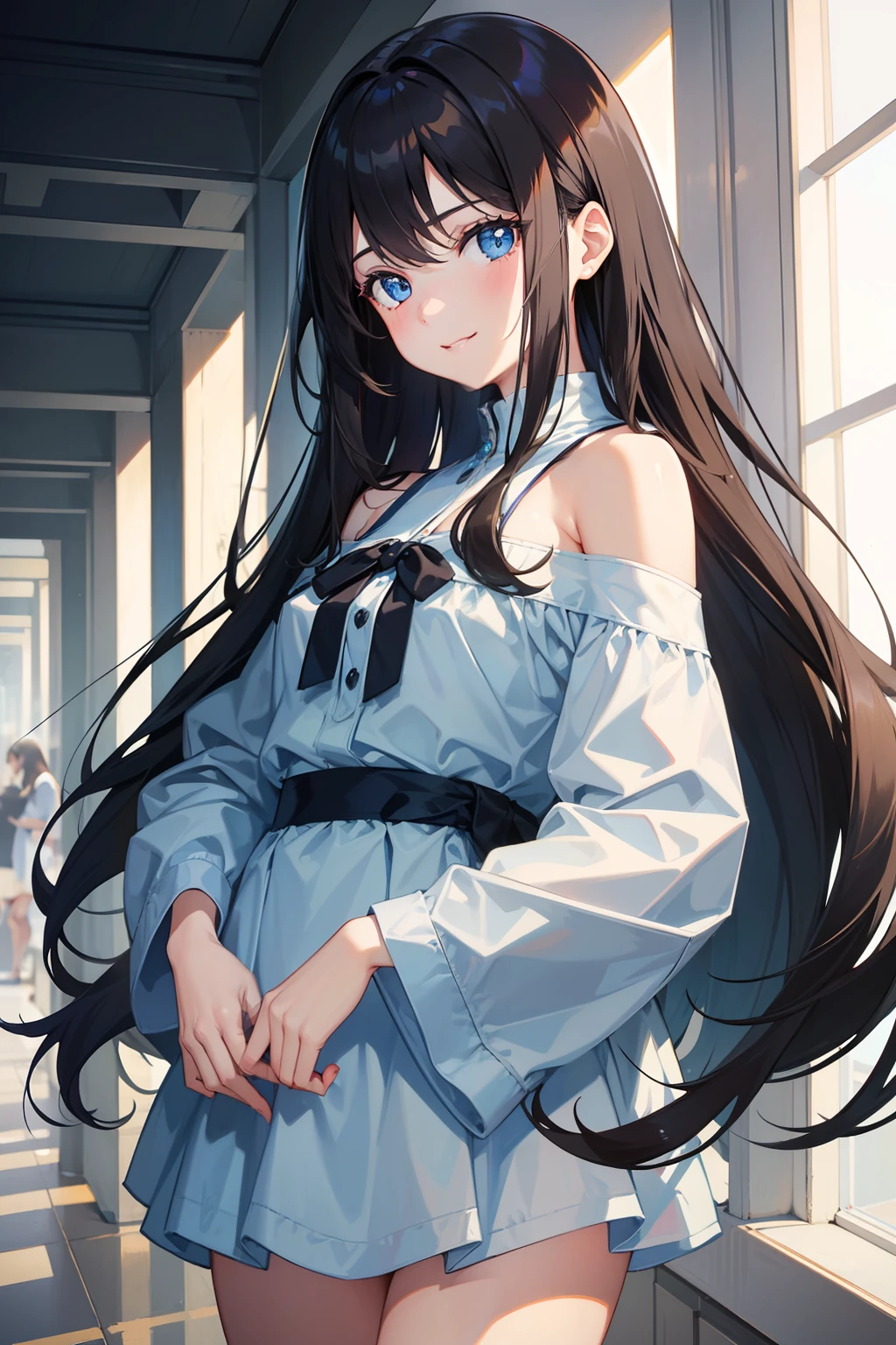a beauty girl,Dark hair,Hair below shoulder length,Smooth straight hair,Determined eyes,Beautiful blue eyes,Childlike height,Manga style,fulcolor,hi-school girl,Big childlike smile