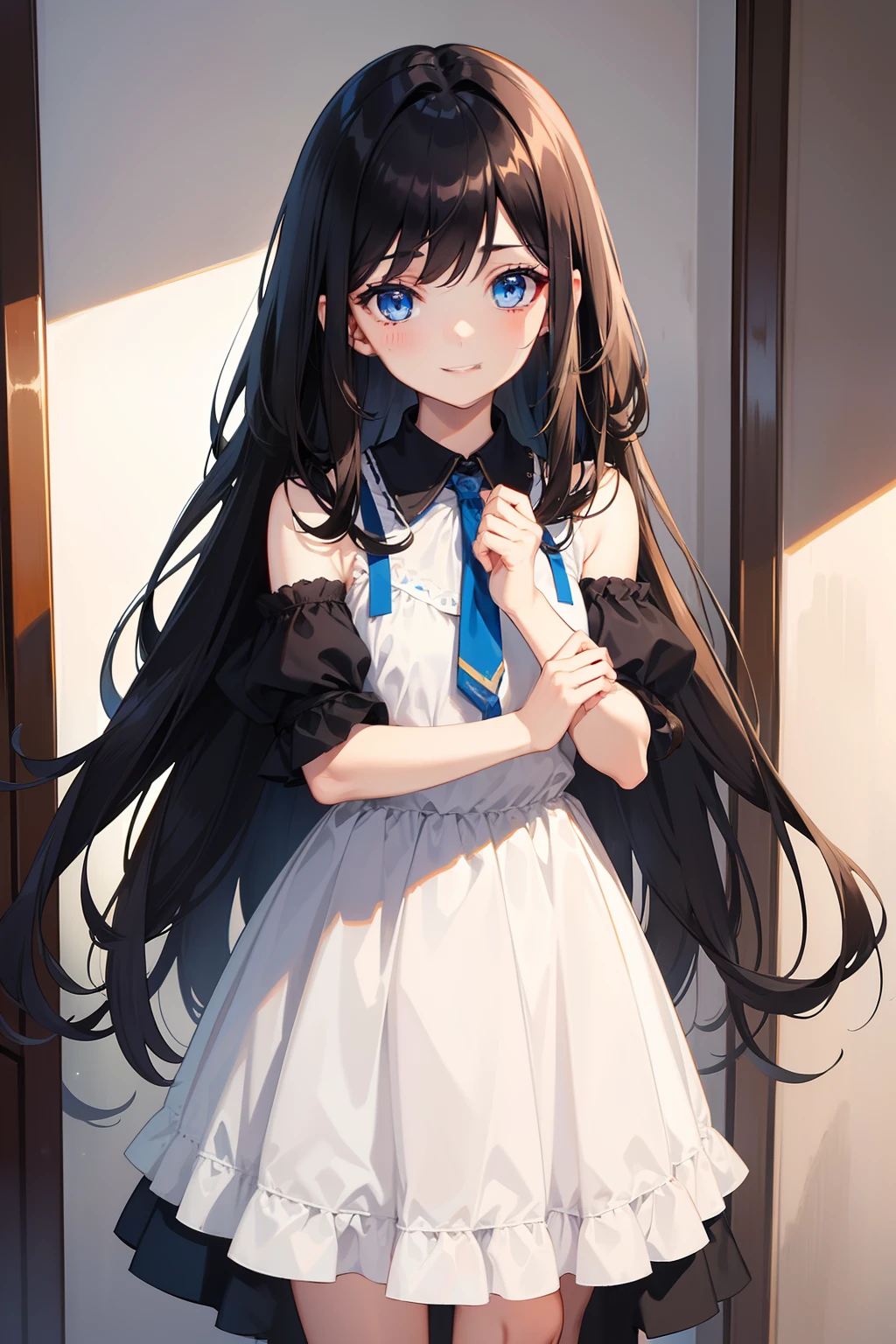 a beauty girl，Dark hair，Hair below shoulder length，Smooth straight hair，Determined eyes，Beautiful blue eyes，Childlike height，Manga style，fulcolor，hi-school girl，Big childlike smile