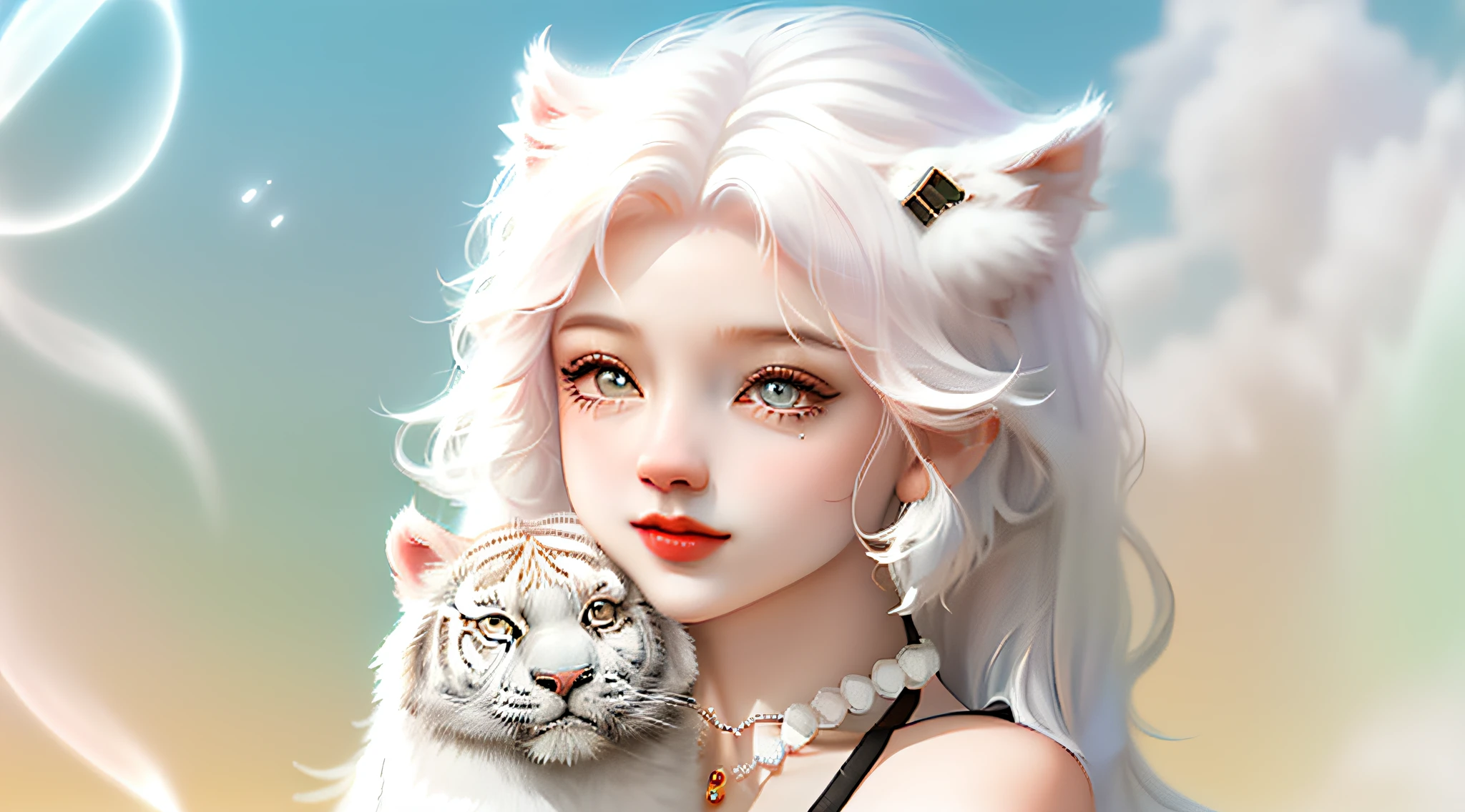 cute tiny hyperrealistic white tiger with different color eyes waring a necklace, Chibi, adorable and fluffy, logo design, cartoon, cinematic lighting effect, charming, 3D vector art, cute and quirky, fantasy art, bokeh, hand-drawn, digital painting, soft lighting, isometric style, 4K resolution, photorealistic rendering, highly detailed clean, vector image, photorealistic masterpiece, professional photography, simple space backdrop, flat white background, isometric, vibrant vector