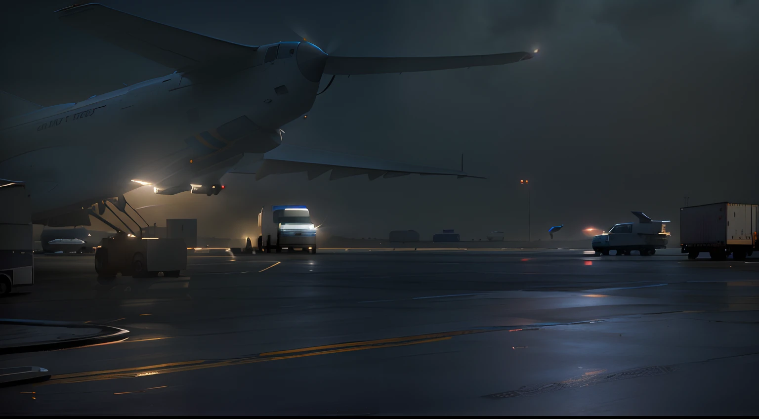 there is a large airplane that is on the runway at day time, octane render, detailed cinematic shot, detailed cinematic render, cinematic level shot, in the art style of filip hodas, 3 d octane render conceptart, boxes and cargo truck, morning sun in background, morning cinematic shot, airport background, detail render