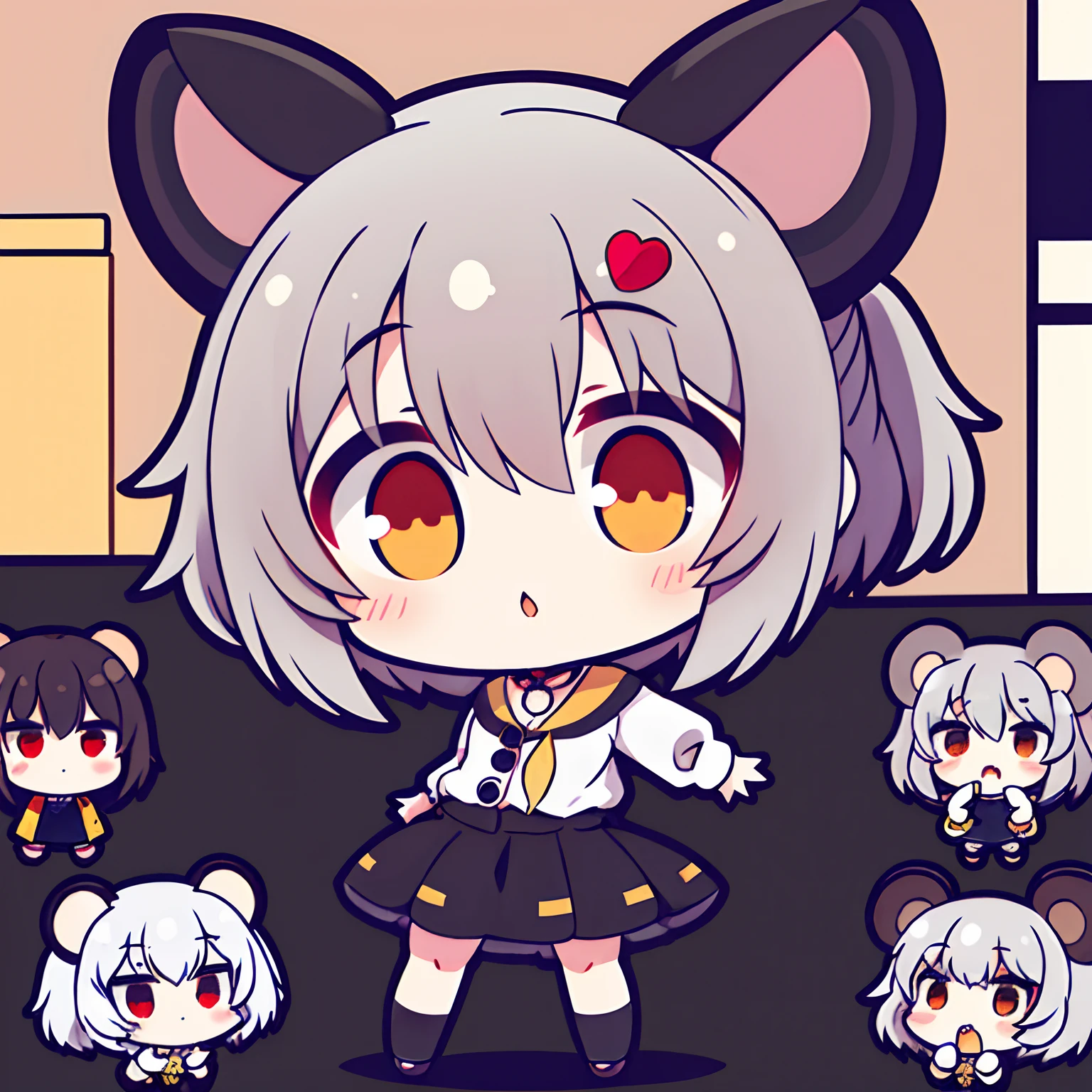 (Chibi:1.1),1girl,Nazrin, mirando al espectador, Pelo gris, orejas de raton, colgante de gema, camisa, mangas largas, cola de raton, falda negra,