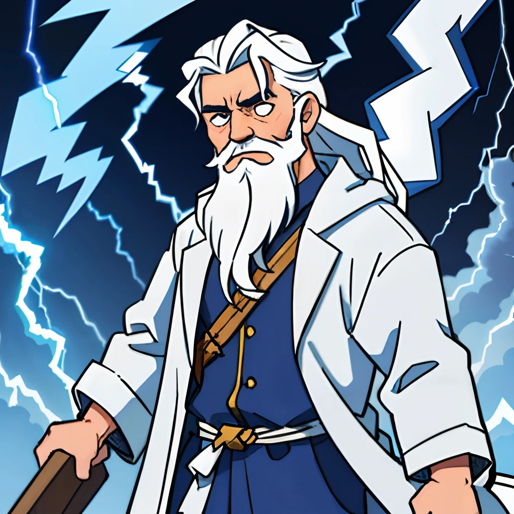 Zeus,a old man,whaite hair,Long beard,White robe,Thunder and lightning in hand,mito