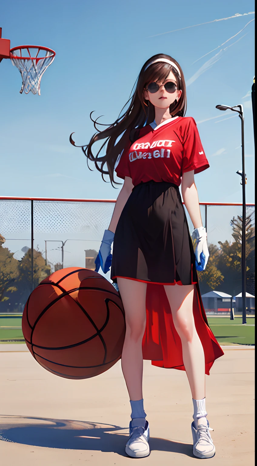 Outdoors,basketball playground,(Masterpiece, Top quality, Best quality, offcial art, Beautiful and aesthetic:1.2), (1girll:1.3), (delicate leg:1.3),((Masterpiece, Best quality,Photorealistic,)),(Magazines:1.3), (Beautiful dress:1.3),Fashionab,Girl,full bodyesbian,Solo,Playing basketball, mitts, Headband,Blue sweatpants, pony tails,Pants,Black gloves, Large breasts, Long hair, Red basketball shirt,Brown hair, midriff, jewelry, White socks, White footwear, Cord, navel,shades, White socks, view the viewer,standing,..Don't have a character background