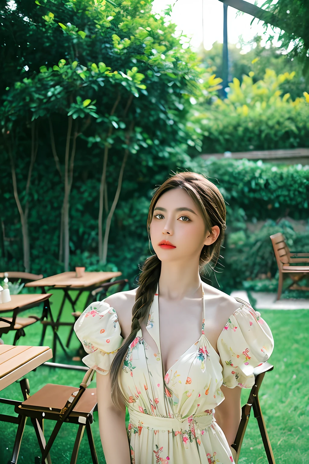 Woman, look at viewer, French braid hair , flower Halter Dress, cleavage, garden landscape design, (rim light)