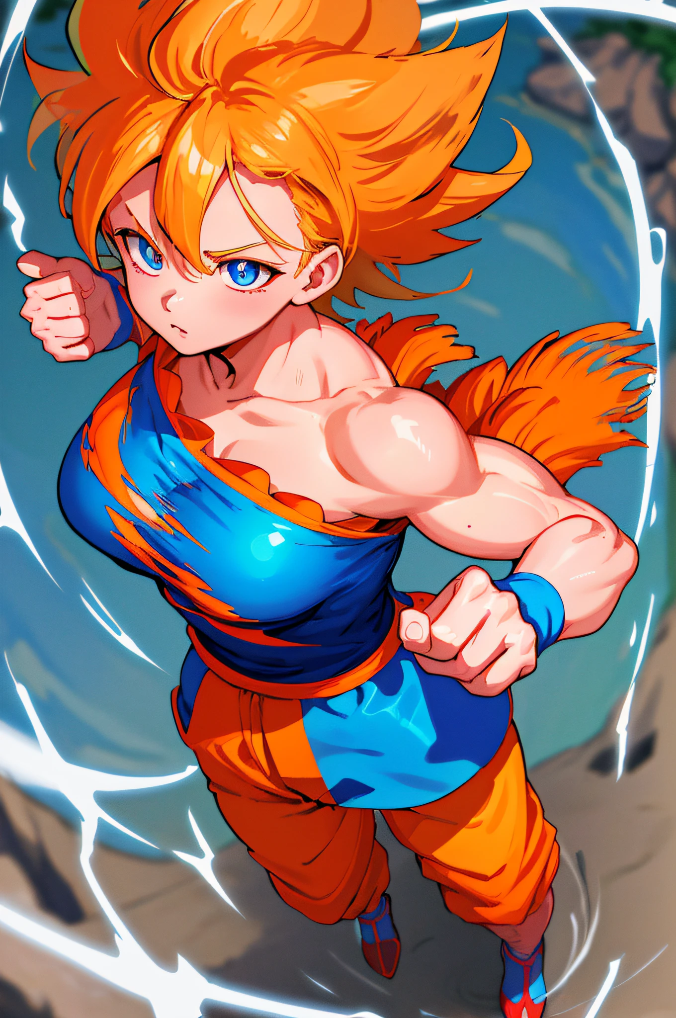 Sun Wukong、Blonde Beauty 1、((Orange Doshi、Blue Compression Wear、Orange pants、blue shoes、Blue band))、super saiyan、Eight teeth are visible、teeth visible and clenched、Brown tail、Beautiful breasts、Transverse breasts、​masterpiece, top-quality, The ultra -The high-definition, Top resolution, ighly detailed, profetional lighting、pretty skin、Her eyes shone like dreamy stars(radiant eyes:1.233)、[[Delicate fingers and hands:0.55]::0.85]、(detail finger)、(((in 8K, Raw photo, Best Quality))), disheveled hair、Glossy hair、shinny skin、Curvaceous but slender、Beautiful back line、Professional Lighting、abundant detail、High Details、foco nítido、natural soft light、Hair is upside down、Energy bullets、Kamehameha、The World of Akira Toriyama、musculature、ripped clothing、Partially torn street clothes、shock waves、Comic style、beauty legs、Floating stones and boulders、Vast rocky land、Energy release、Transcendent Aura、Backgrounds with depth、ripples、undulation、comic strip、comics、90s Anime、