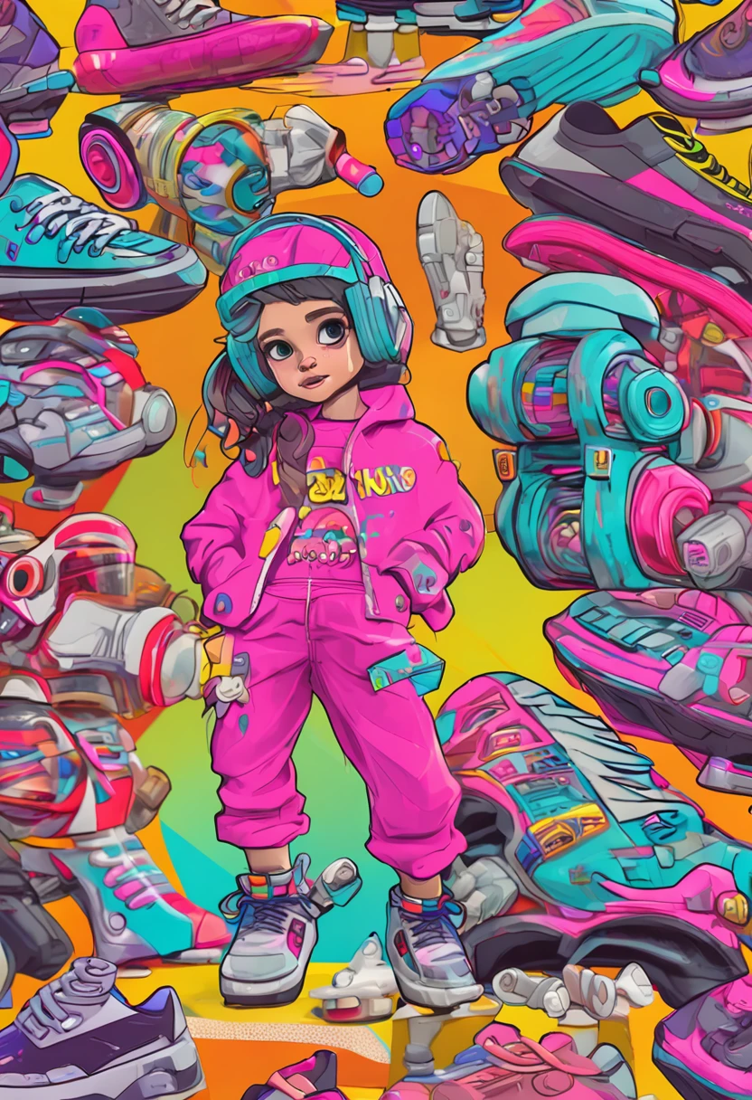 3D Toys, ip, Cyberpunk style, cute girl, laser textured clothes, simple background, three views, namely the front view, the side view and the back view, best quality, c4d, Blender, 3D models, toys, vivid colors, street style, high resolution, lots of details, Pixar, Candy colors, skateboard shoes Big shoes, Fashion trends, Art