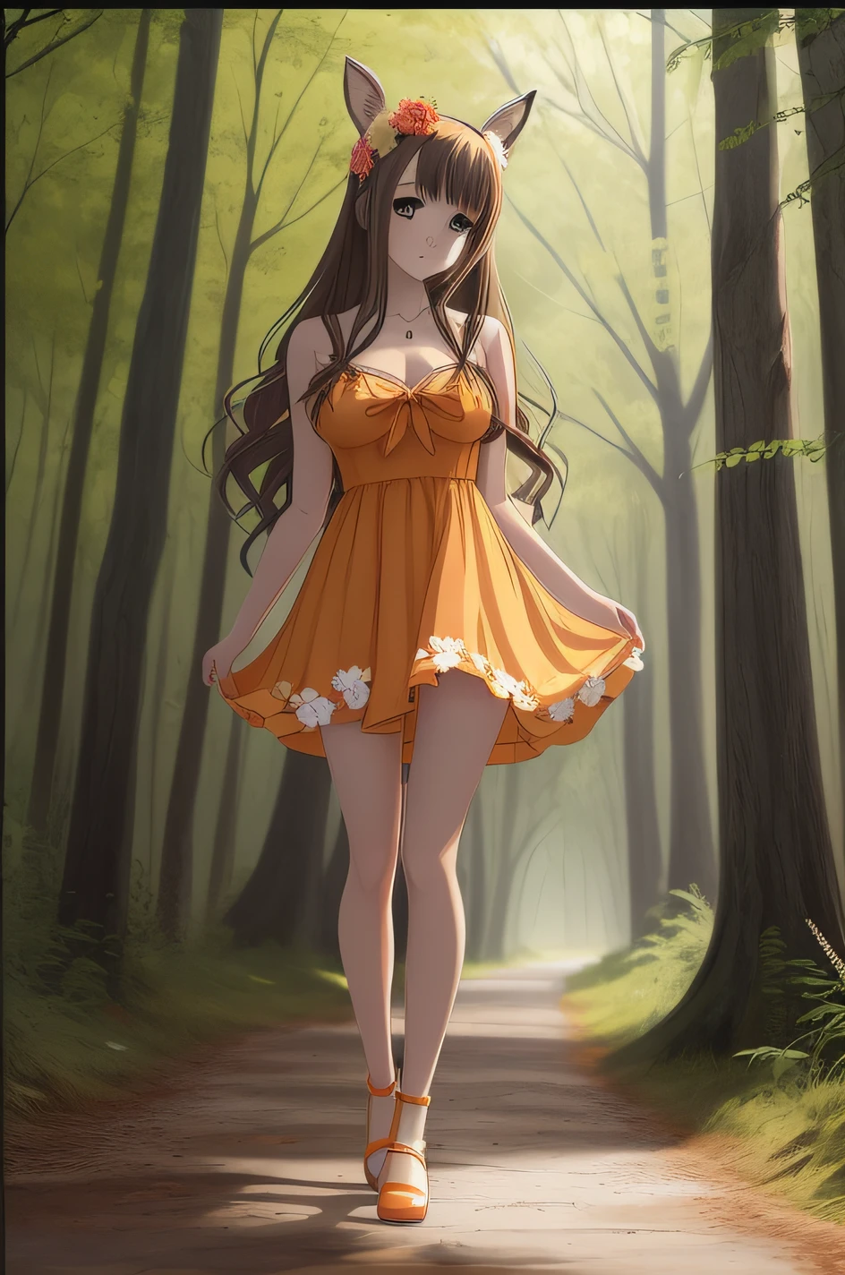 brunette anime woman in a light orange dress with a flower in her hair, full body portrait of a short!, nymph in dress, !!full body portrait!!, fullbody portrait, full body!, cute anime waifu in a nice dress, woman in a dress, full body:: sunny weather::, anime full body illustration, full body illustration, full body!!, full body picture, forest girl, long brown deer ears