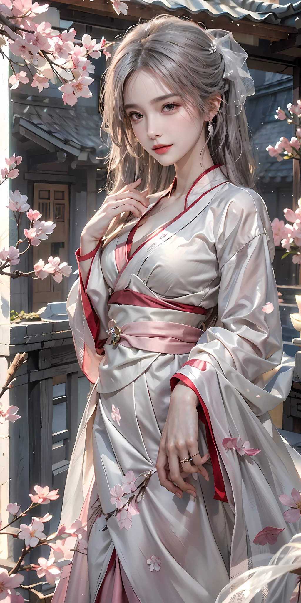photorealistic, high resolution, soft light,1women, solo, hips up, shining skin, (detailed face),tattoo, jewelry, wedding hanfu, cherry blossom, night, white wavy hair, Beautiful Soldier, Eyes That Invite Viewer, Lover's Perspective, Inviting Expression, Sexy Smile, Perfect Style, Perfect Balance, Detailed Skin, Naughty Gaze, Chest Visible