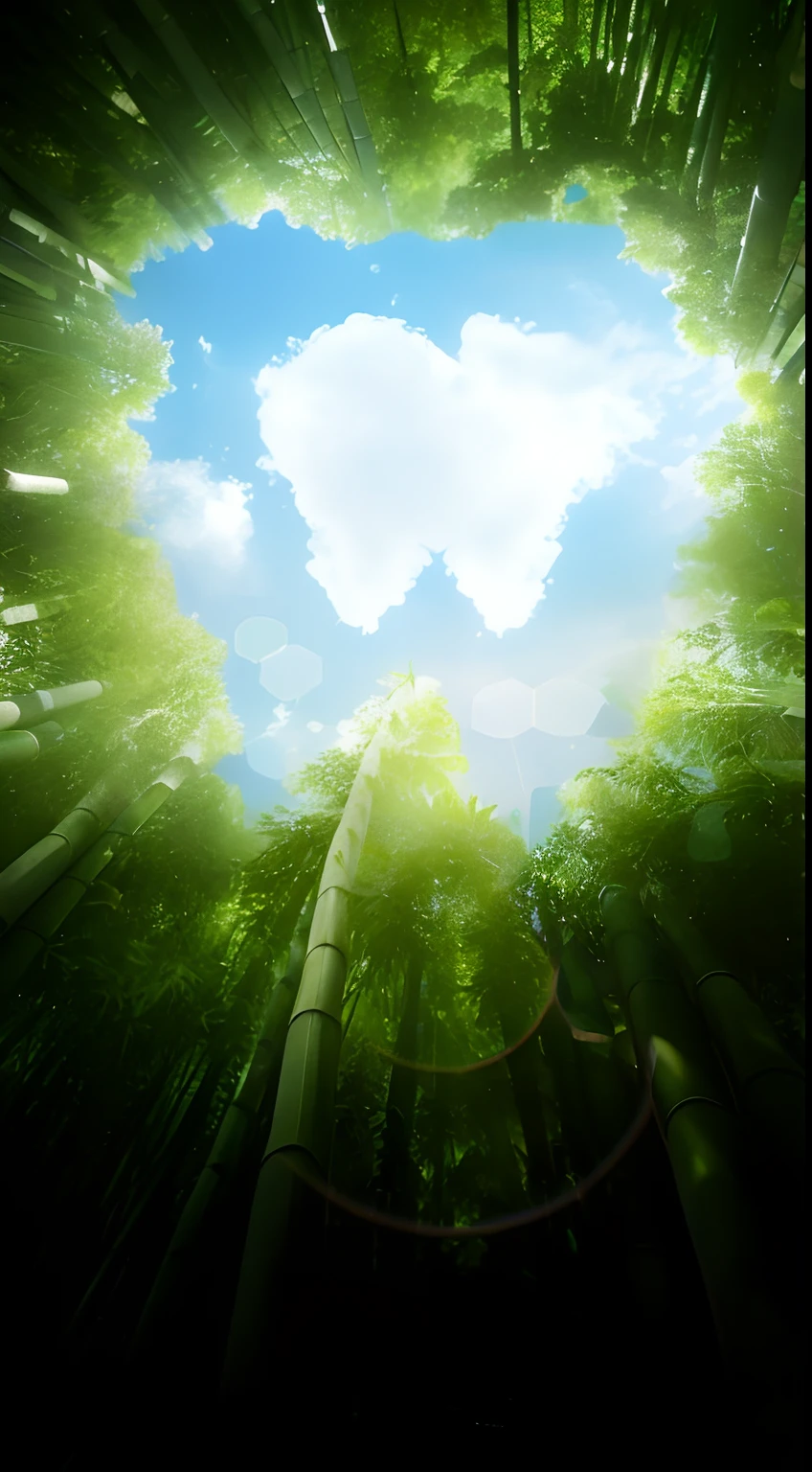 Close-up of a forest center-shaped cloud, Bamboo forest, sky forest background, bamboos, in bamboo forest, deep in a japanese bamboo forest, misty japanese bamboo forest, Bamboo, Shot from below, Tranquil lush forest, vibrant volumetric natural light, Lush forest, look from down, Volumetric light from below, Beautiful environment