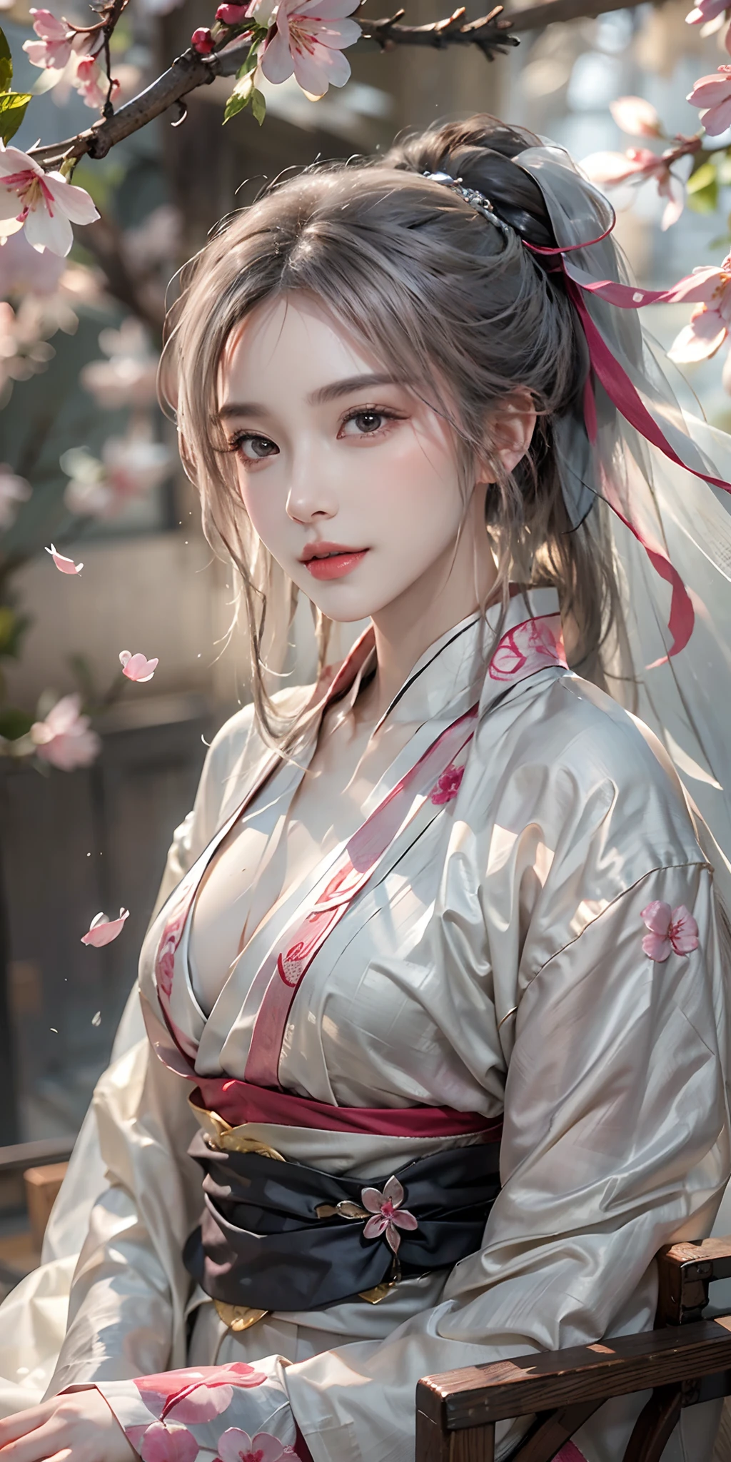photorealistic, high resolution, soft light,1women, solo, hips up, shining skin, (detailed face),tattoo, jewelry, wedding hanfu, cherry blossom, night, white wavy hair, Beautiful Soldier, Eyes That Invite Viewer, Lover's Perspective, Inviting Expression, Sexy Smile, Perfect Style, Perfect Balance, Detailed Skin, Naughty Gaze, Chest Visible