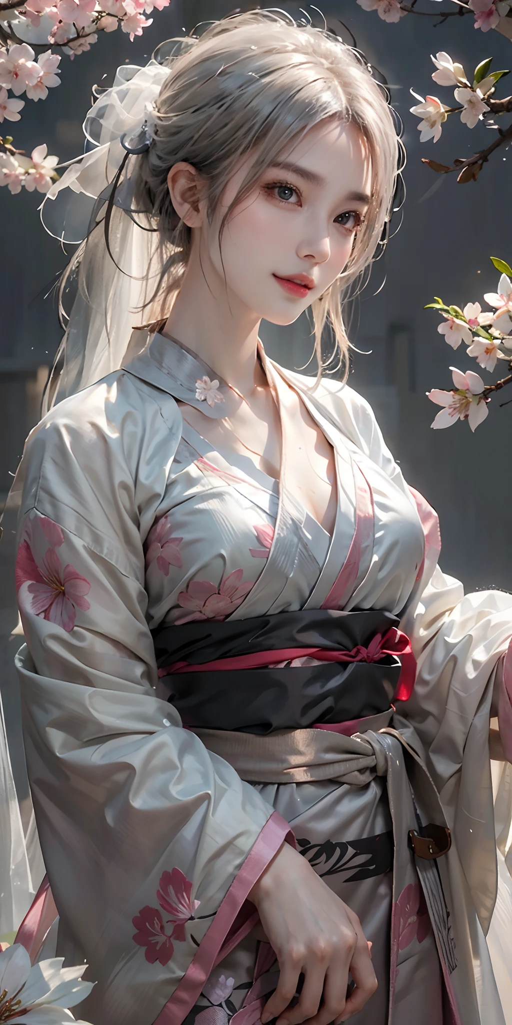 photorealistic, high resolution, soft light,1women, solo, hips up, shining skin, (detailed face),tattoo, jewelry, wedding hanfu, full red hanfu, cherry blossom, night, white hair, wavy hair, Beautiful Soldier, Eyes That Invite Viewer, Lover's Perspective, Inviting Expression, Sexy Smile, Perfect Style, Perfect Balance, Detailed Skin, Naughty Gaze, Chest Visible