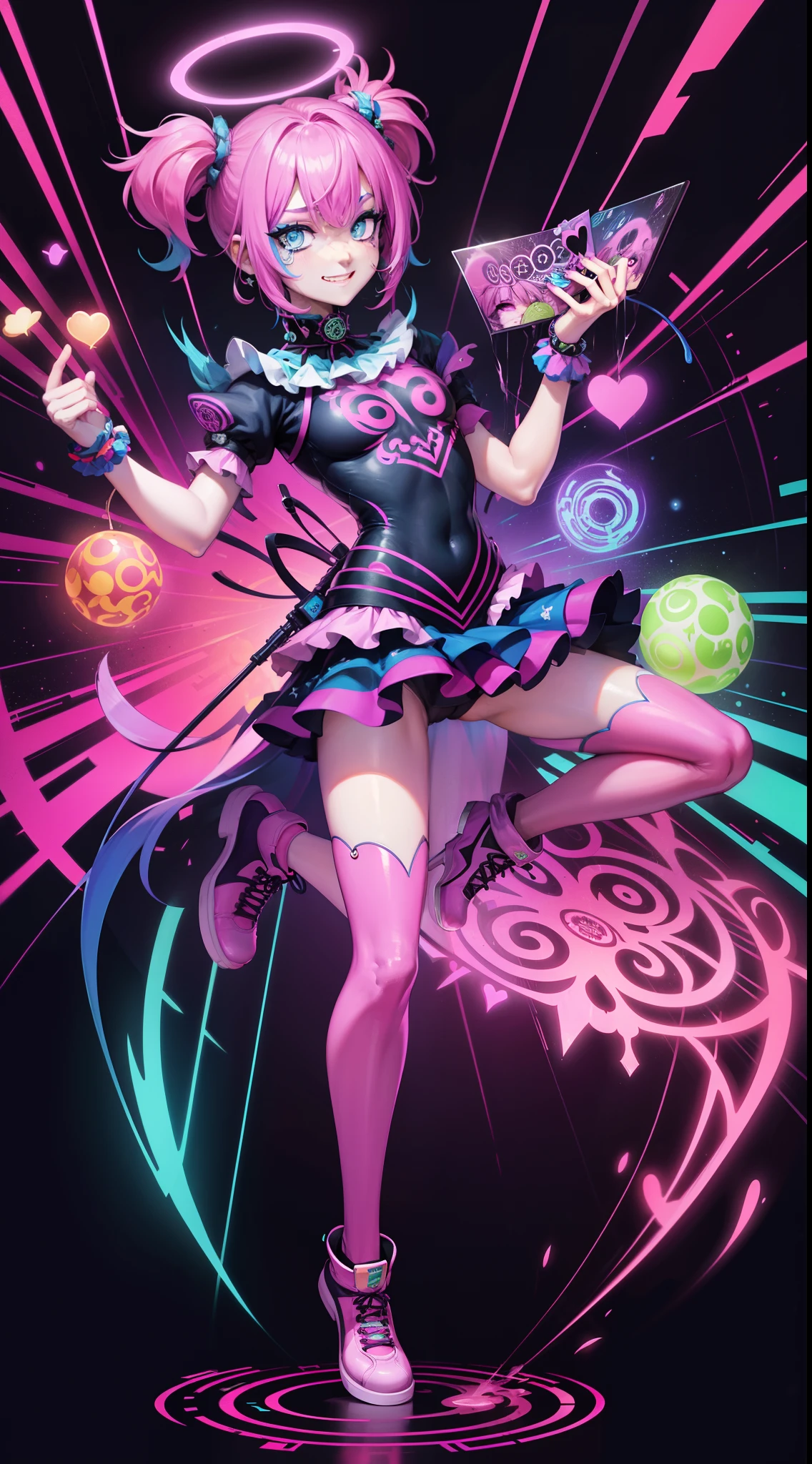 8K high image quality,Cat personification、One Male Clown、twinks、his、Vivid colors、Clown makeup、A sad but smiling expression、Teardrop Makeup、Clear facial expressions、Crisp solid lines、Vibrant colors with lines、Sauce order、Vivid color shadows、Vivid color highlights、Brightly colored conductors、acrobatic pose、Cool Face、Head to toe、full body Esbian、Brightly colored aura、Vivid color flow lines、Bright color halo、mandalas、psychedelic、Neon Street、cyberpunked、punk、natta、ciber、Vivid Color、Theme color is magenta、cian