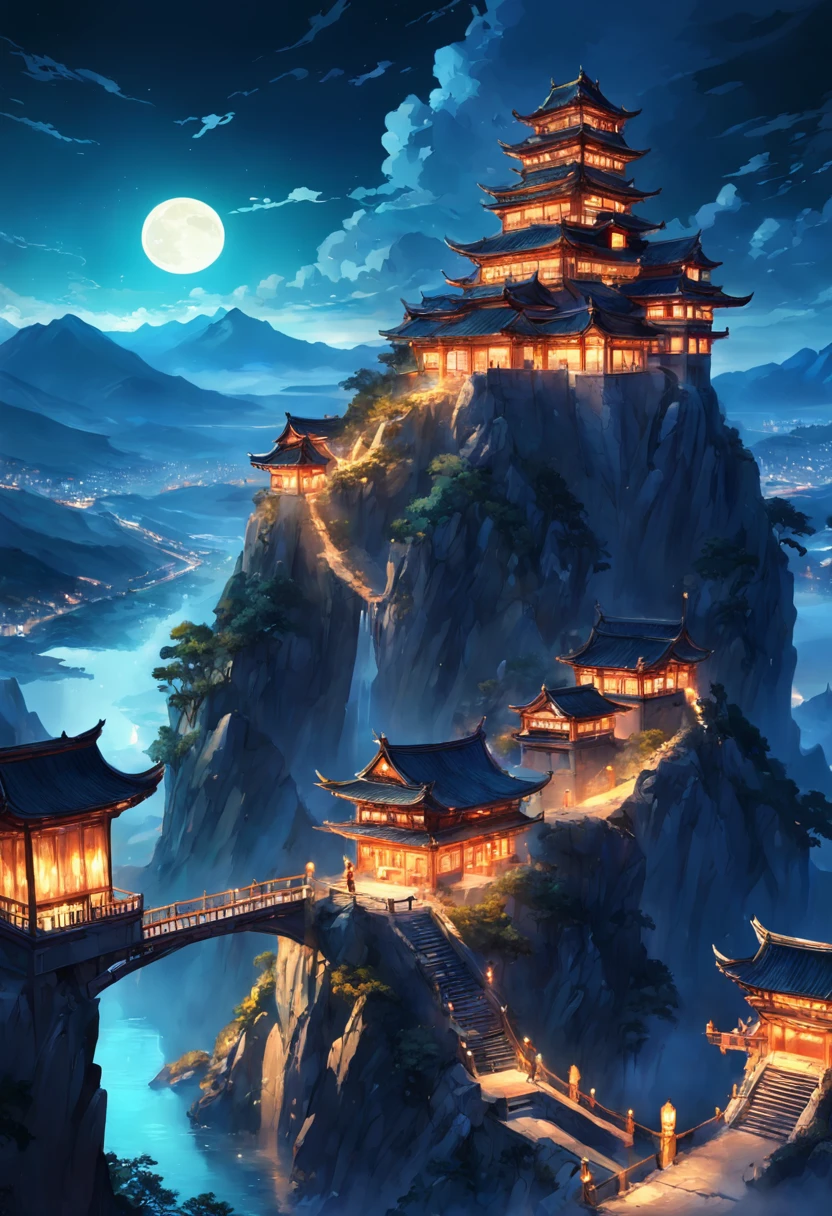 Best quality,Masterpiece,absurdres,(photograph realistic:1.4),surrealism,Dream-like,fusionart,Shadowdancer,shadow magic,Dilapidated castle in the background,pov from above,4K,scenery,Mountain,No Man,Outdoors,sky,Night,architecture,east asian architecture,lantern,Cloud,tree,Building,house,rivers,Fluorescent butterfly,rim-light,Low moonshine,