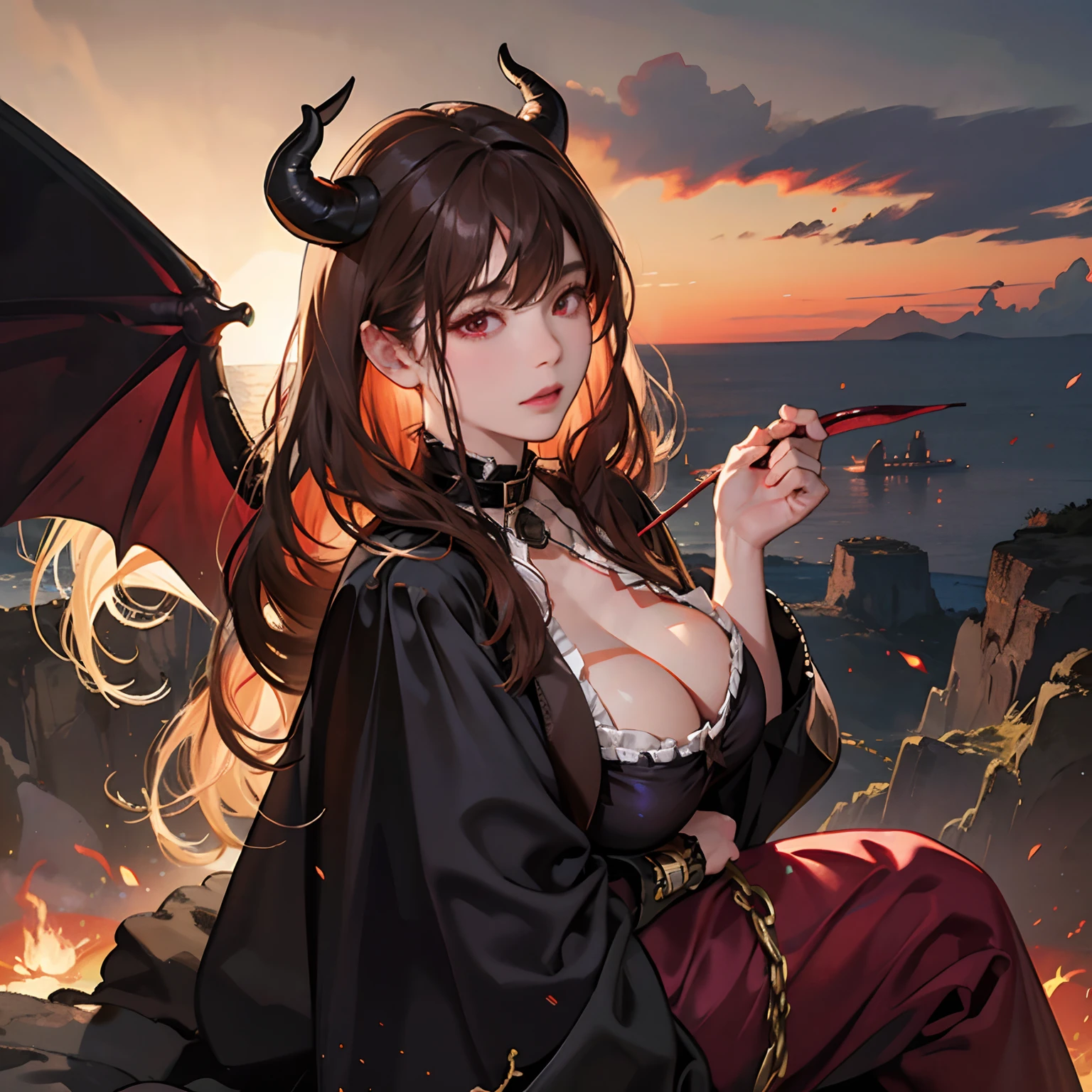 Women in Their 20s, 独奏, offcial art, unity 8k wall paper, ultra-detailliert, beautifly、Aesthetic, ​masterpiece, top-quality, Photorealsitic, a female demon、Succubus、Sheep horns on the head:2.0、Braids、Red ribbons、red eyes、Long vertical glow、very huge bat wings on the back:2.0、Black bat wings、Black bondage outfit、Shackles with chains、Collar with a leash、Holding a silver knife in your hand、depth of fields, Fantastic atmosphere, Calm palette, tranquil mood, Soft shading、Heavy dark clouds and lightning、Desolate landscape、Rock Mountain、Fortress on a distant cliff、Pillar of fire、Sparks fly、A flock of bats in the sky、bbw、very large breast、plump figure、dark themed、Flame Magic、Sitting on a cliff、Huge stone statue、Variant monster