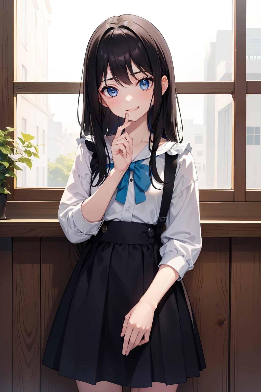 a beauty girl,Dark hair,Hair below shoulder length,Smooth straight hair,Narrowed eyes that laughed,Beautiful blue eyes,Childlike height,Manga style,fulcolor,hi-school girl,Big childlike smile、Big mouth that laughed
