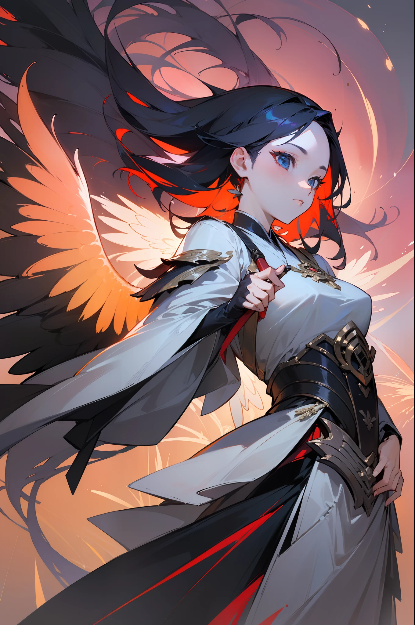 (((Masterpiece))),(((best qualtiy))),((Ultra-detailed)),(illustration),((anextremelydelicateandbeautiful)),dynamic angle,Two-dimensional girl，Cool and beautiful，the phoenix spreads its wings，Hanfu armor，combat state，Weapon in hand，Long hair flying，Peugeot facial features，k hd，The tail drags out long fireworks，