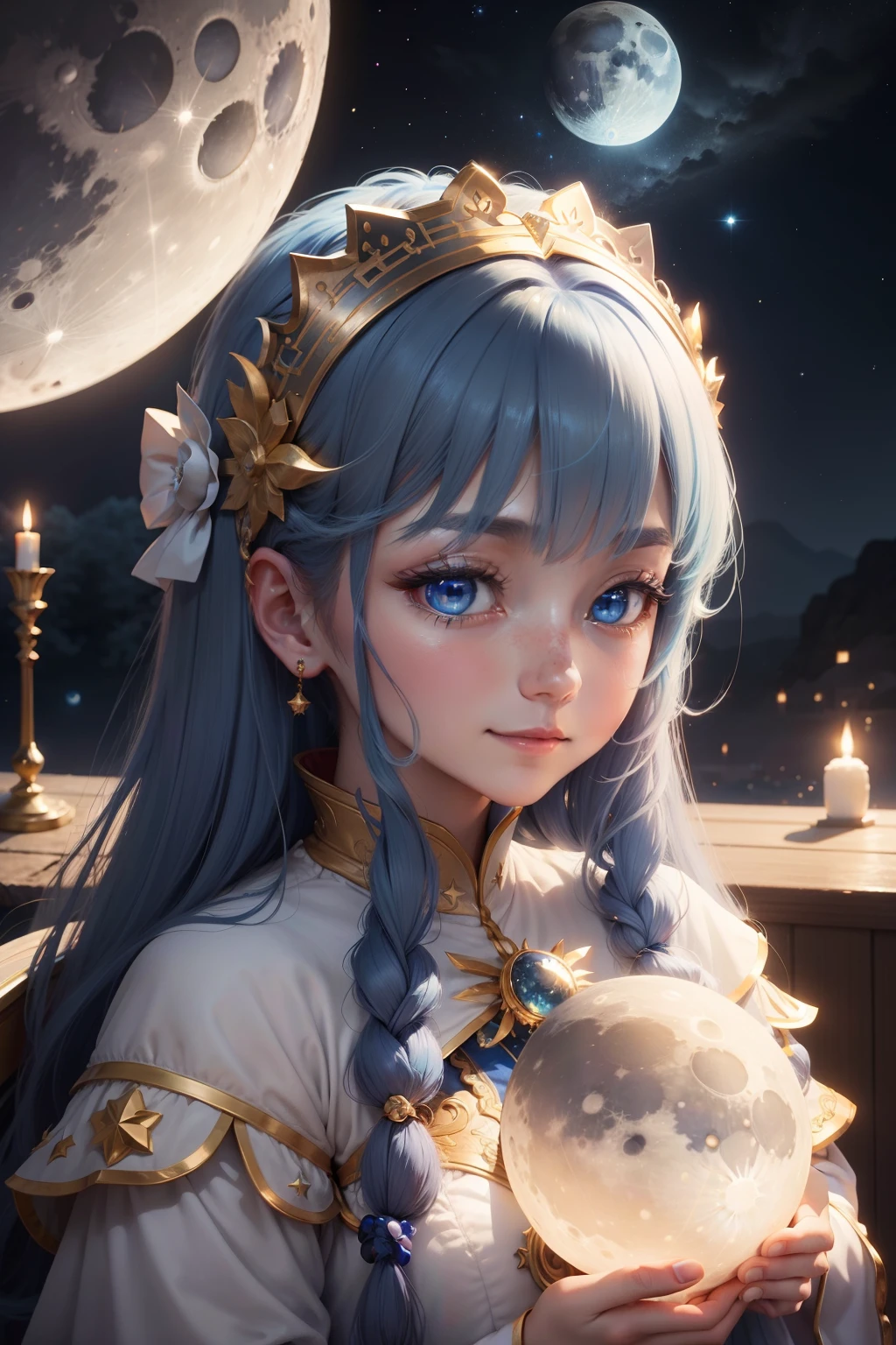 Comet priestess watching over the moon and stars。Look up at the moon and smile as if praying。Blue eyes。