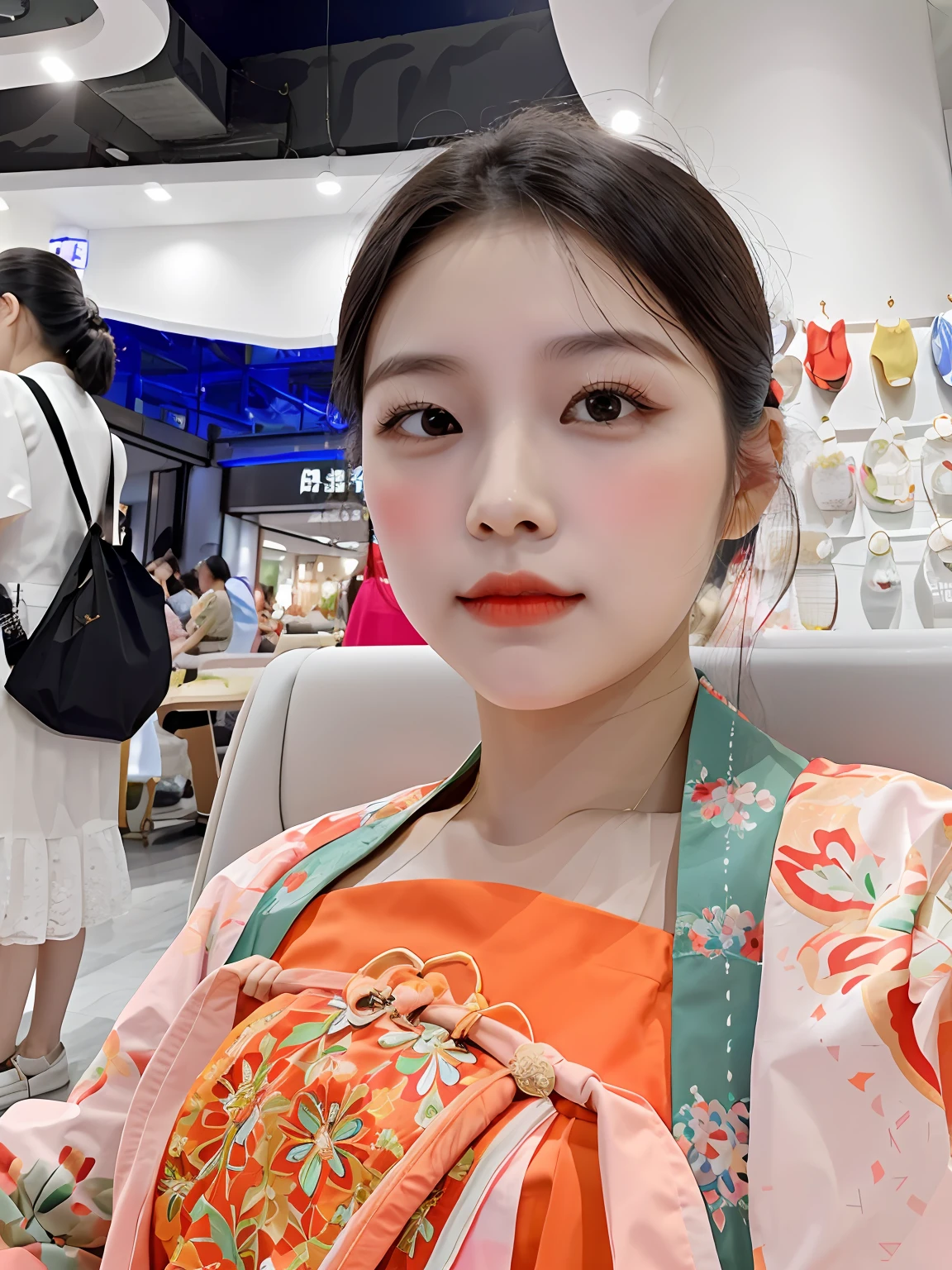 There was a woman in Hanfu sitting on a chair,Selfie Photos, Young and cute asian face, Beautiful Chinese woman, appearing in a shopping mall, face with artgram, young adorable chinese face,