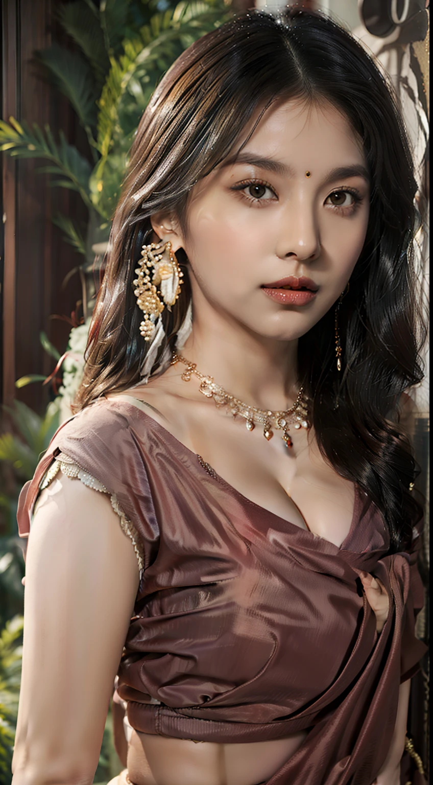 ultra realistic 8k cg, picture-perfect face, flawless, clean, masterpiece, professional artwork, famous artwork, cinematic lighting, cinematic bloom, perfect face, beautiful face,(huge breasts:1.4, nipple outline, camel toe), (skindentation), thick thighs, wide hips, narrow waist, deep cleavage, beautiful clothes, sari, lace, lace trim, sfw, indian, very long hair, (rich:1.4), prestige, luxury, jewelry, intricate detail, delicate pattern, seductive, erotic, enchanting, hair ornament, necklace, earrings, bracelet, armlet