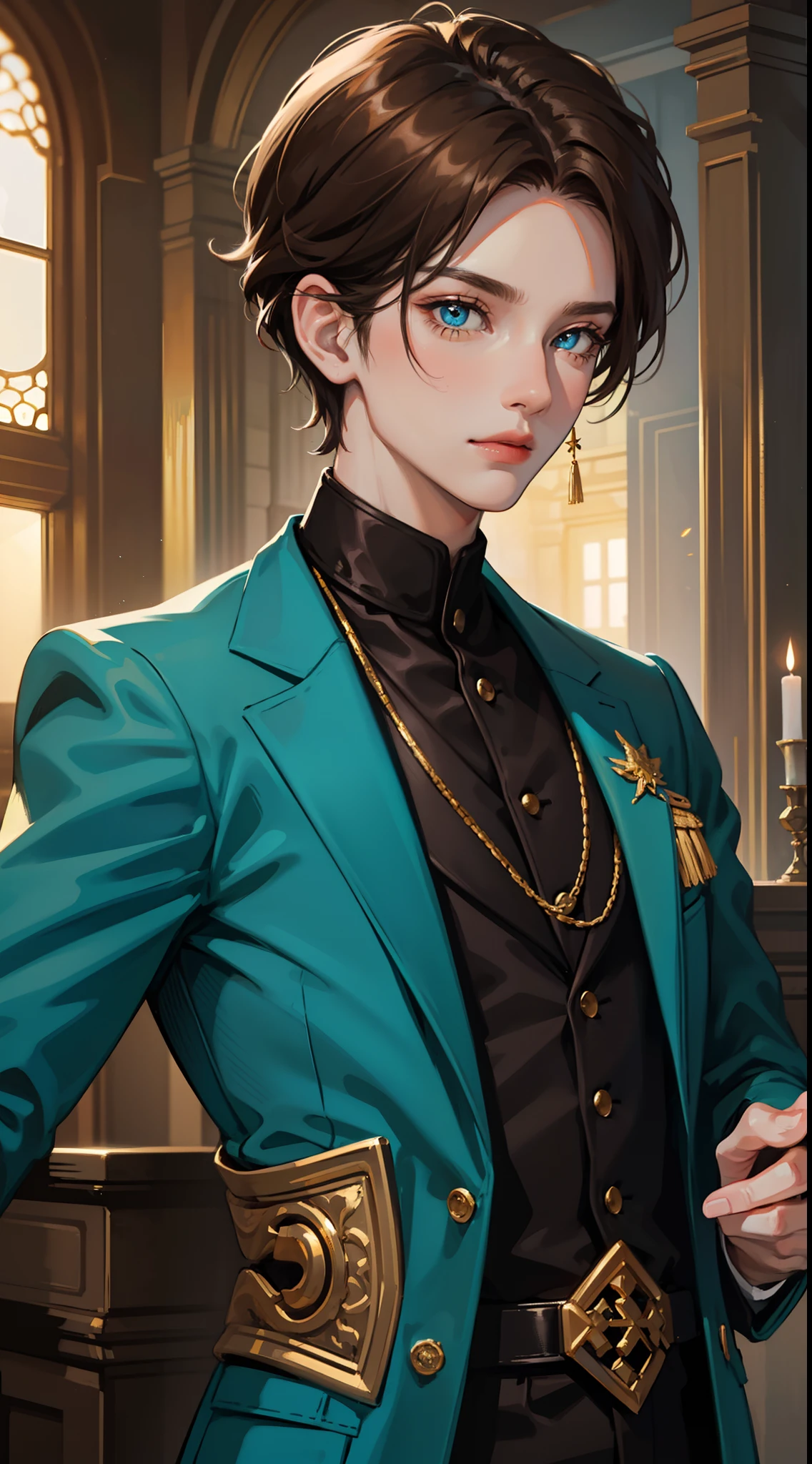 Young guy, short brown hair, Cyan eyes, Black suit with gold elements, Masterpiece, hiquality