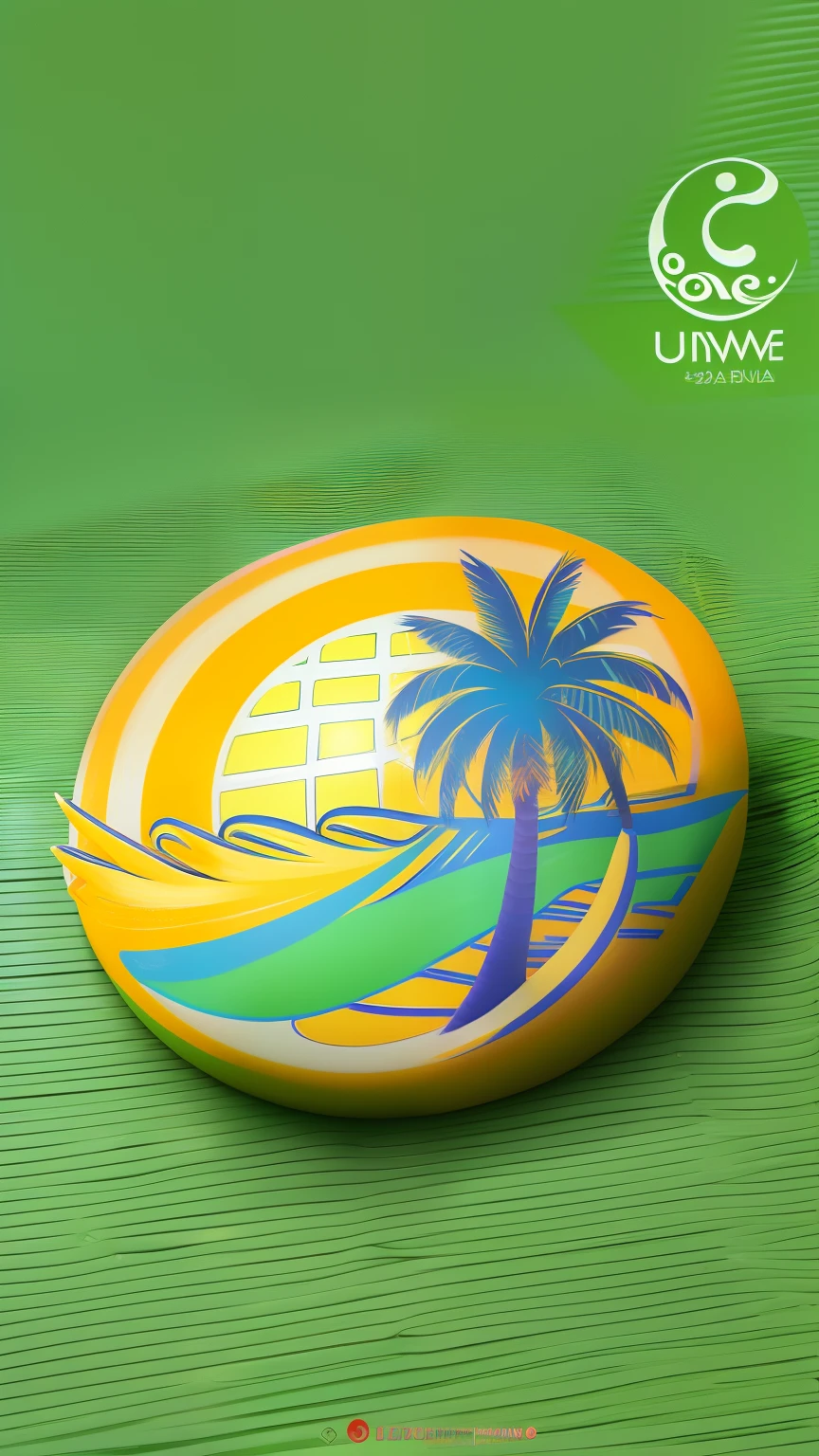 Crea un logotipo vibrante que combine el sol radiante, Cold waves, una silueta de palmera en una camiseta, Bright colors such as warm yellow, azul turquesa, Fresh Green will add energy to your summer look