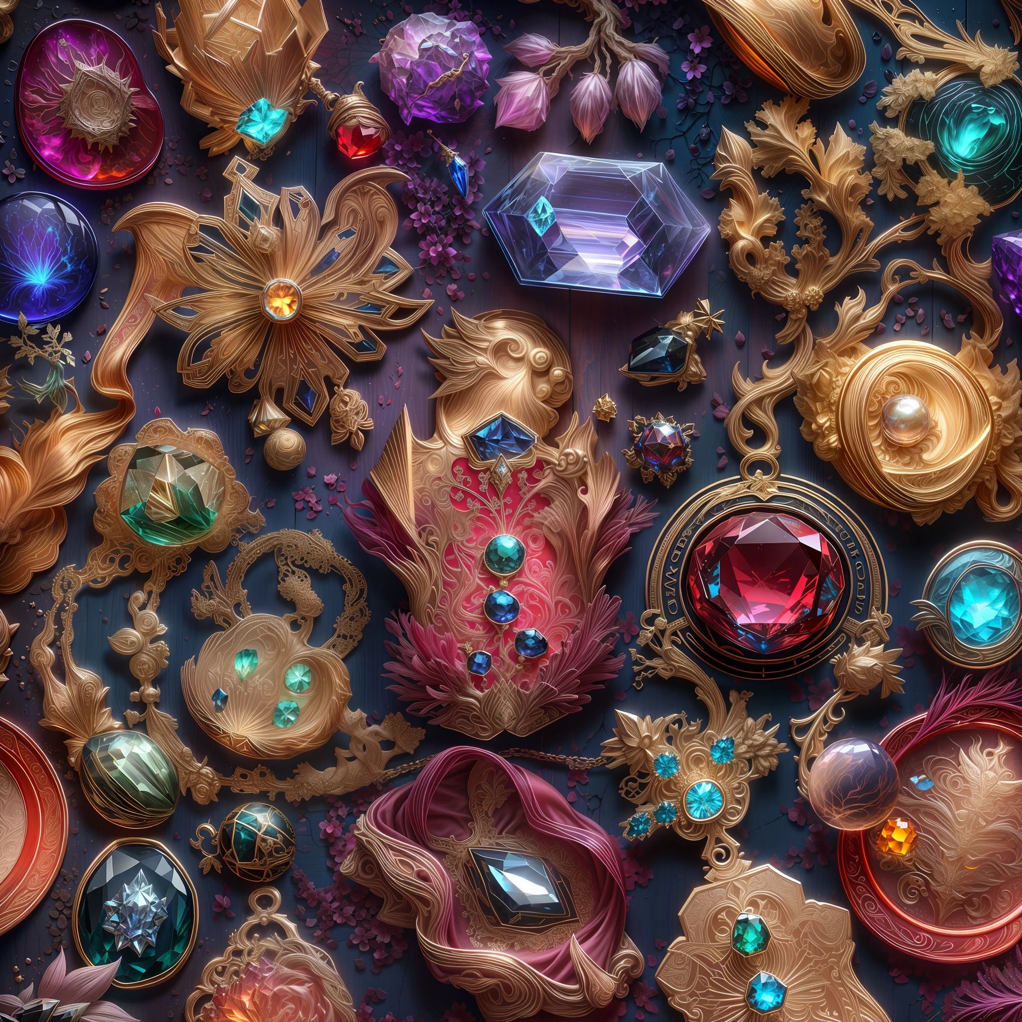 (wood spirit style: 1.2), (Full Focus: 2), (Everything in Display Cabinet: 1.3), (Magic Items | Colorful Gems | Cherry Blossoms | Printed Silk Products | Medals | Ores | Obsidian | Pearl | Emerald | White Jade | Amethyst | Sapphire | Gold Products | Silver Products | Purple Gold | Magical Jewelry | Antiques | Ruby | Orange Gem | Blue Gem | Topaz |: 2), Magic Symbols, Magic Particle Effects, High Tech Luxury, High Value Jewelry, High Value Metal, Luxury items, no puzzles, detailed and complex backgrounds, sparkling, reflective light, ultra high definition, award-winning, a high-resolution, high detail texture, contrast between light and dark, cinematic lighting, masterpieces, ray tracing, structurally correct, super details, high-quality, high detail, best quality, 16k