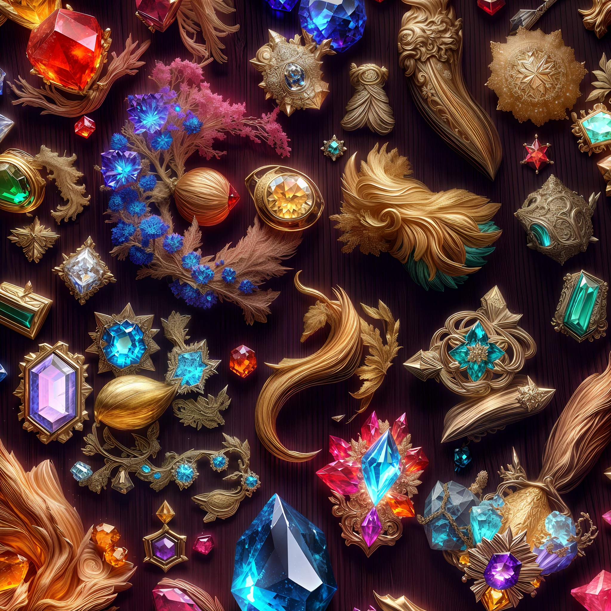 (wood spirit style: 1.2), (Full Focus: 2), (Everything in Display Cabinet: 1.3), (Magic Items | Colorful Gems | Cherry Blossoms | Printed Silk Products | Medals | Ores | Obsidian | Pearl | Emerald | White Jade | Amethyst | Sapphire | Gold Products | Silver Products | Purple Gold | Magical Jewelry | Antiques | Ruby | Orange Gem | Blue Gem | Topaz |: 2), Magic Symbols, Magic Particle Effects, High Tech Luxury, High Value Jewelry, High Value Metal, Luxury items, no puzzles, detailed and complex backgrounds, sparkling, reflective light, ultra high definition, award-winning, a high-resolution, high detail texture, contrast between light and dark, cinematic lighting, masterpieces, ray tracing, structurally correct, super details, high-quality, high detail, best quality, 16k