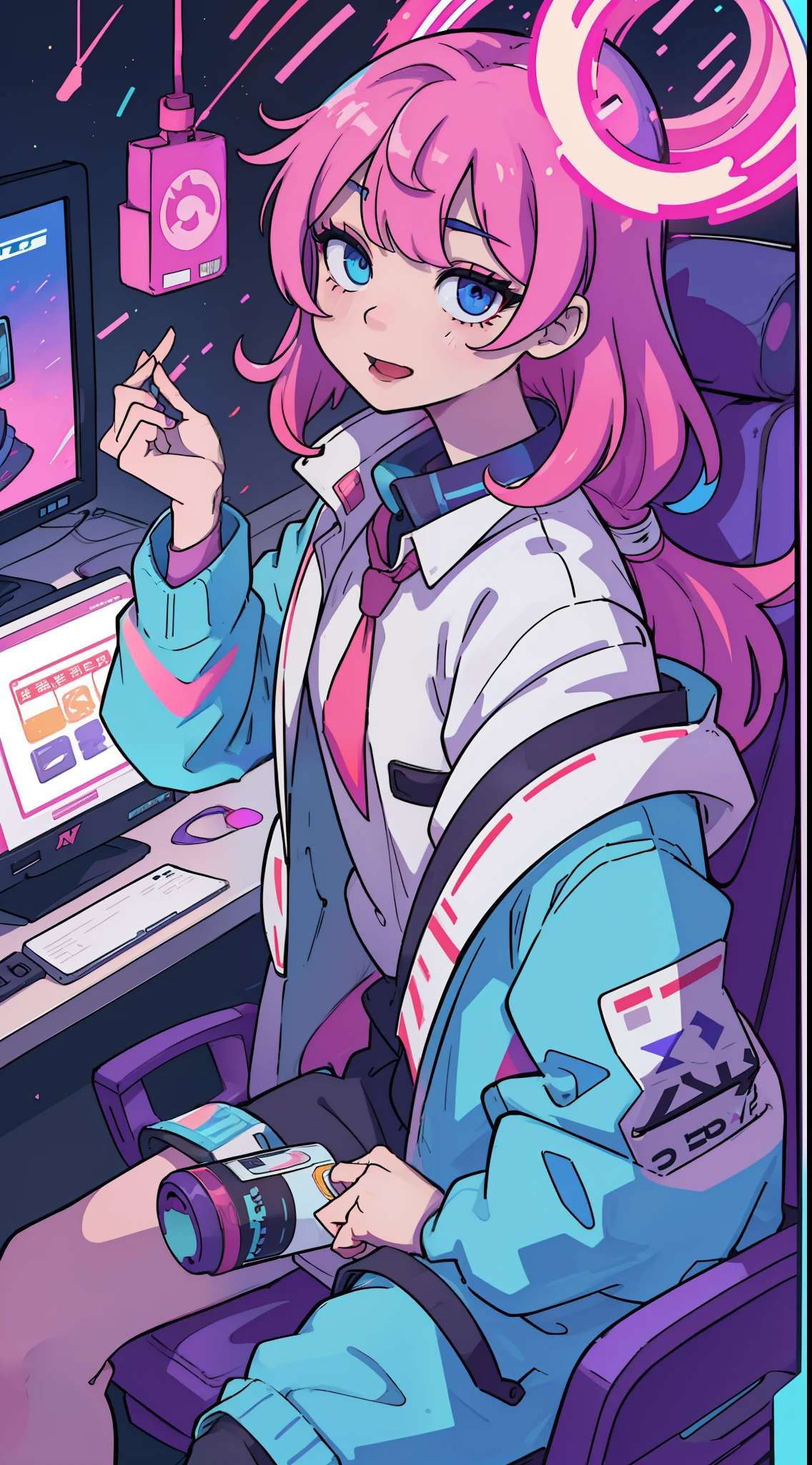 8k、high-level image quality、One man、systems engineer、overtime、Energy Drinks、Energy drinks、Neon Street、TOKYOcty、s Office、personal computers、keyboard、Cable cyberpunk、Vivid Color、Shadows are vivid colors、Clear expression、Clear eyes and nose、salaryman、officeworker、near future、Surrounded by liquid crystals、toil、neck tie、jaket、Clear contour lines、8K、Clear facial parts、Face is clearly visible、Employee ID card hanging from the neck、Anime Touch、Comic style、digital、Electromechanical、Acrobatic regime、Movie poster style、Vivid Color、Pop design、businessman、Shadows are vivid colors、Energy Drink、Cans of energy drinks are scattered、Capsule-type drug is placed on the tongue、Capsule-shaped drugs are scattered、Psychedelic colors、Psychopaths、The halo is pointing、God、Deities々Right、Vivid color for the entire screen、Clown makeup